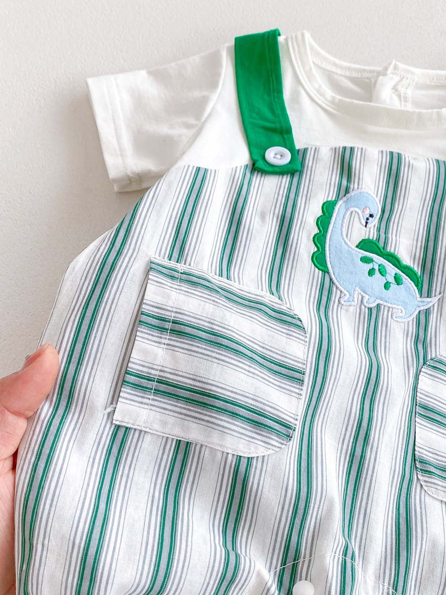 New Design Summer Baby Unisex Green Striped Sleeveless Overalls, featuring a vibrant green color and playful striped pattern, perfect for warm weather.