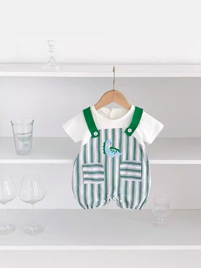 New Design Summer Baby Unisex Green Striped Sleeveless Overalls, featuring a vibrant green color and playful striped pattern, perfect for warm weather.