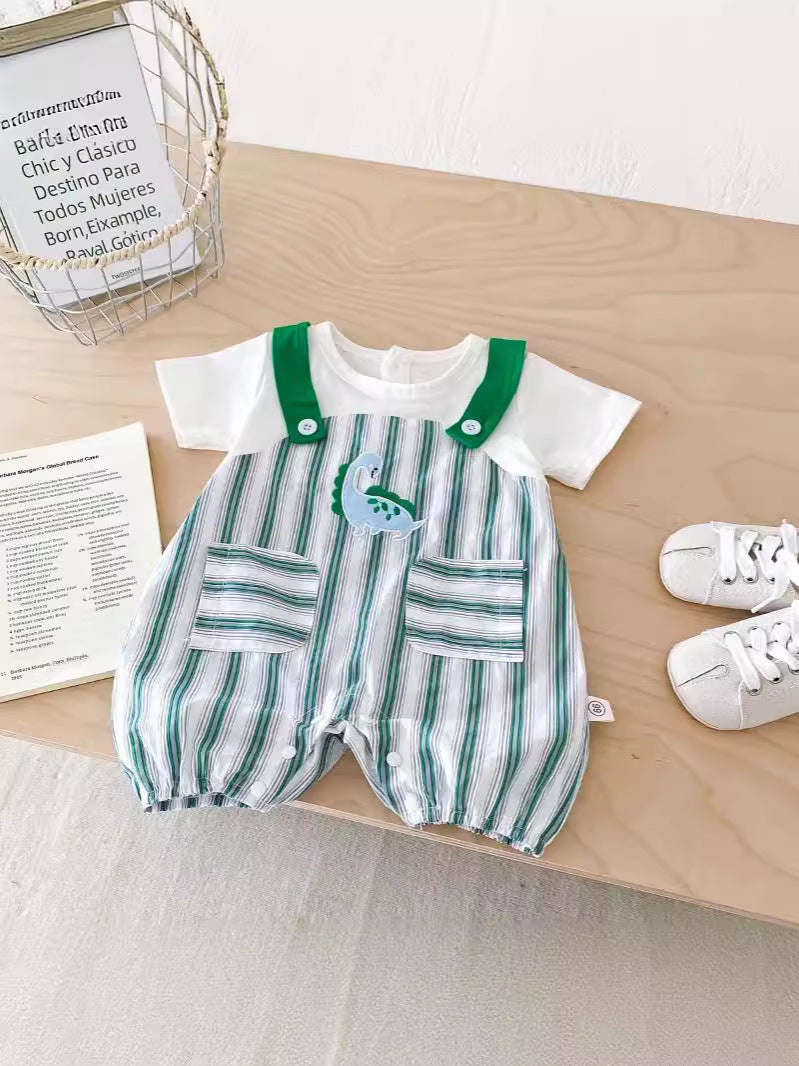 New Design Summer Baby Unisex Green Striped Sleeveless Overalls, featuring a vibrant green color and playful striped pattern, perfect for warm weather.