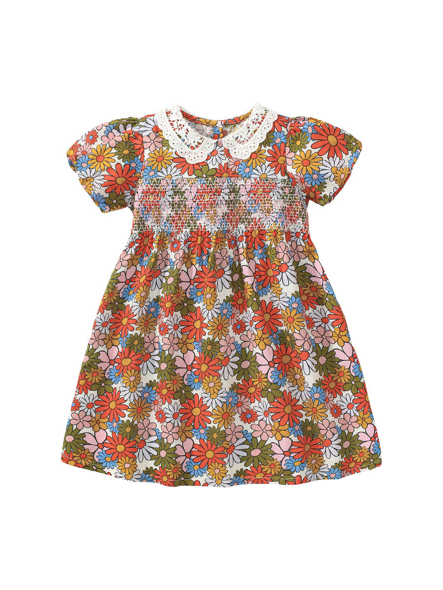 A vibrant red summer dress for girls featuring a floral print and lace collar, perfect for warm weather occasions.