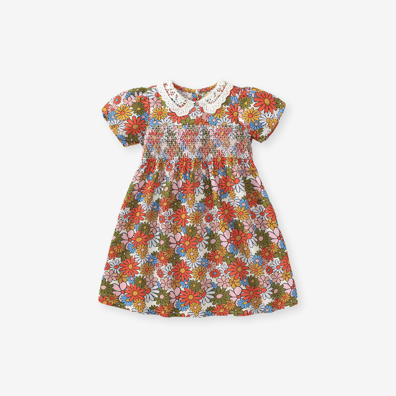 A vibrant red summer dress for girls featuring a floral print and lace collar, perfect for warm weather occasions.