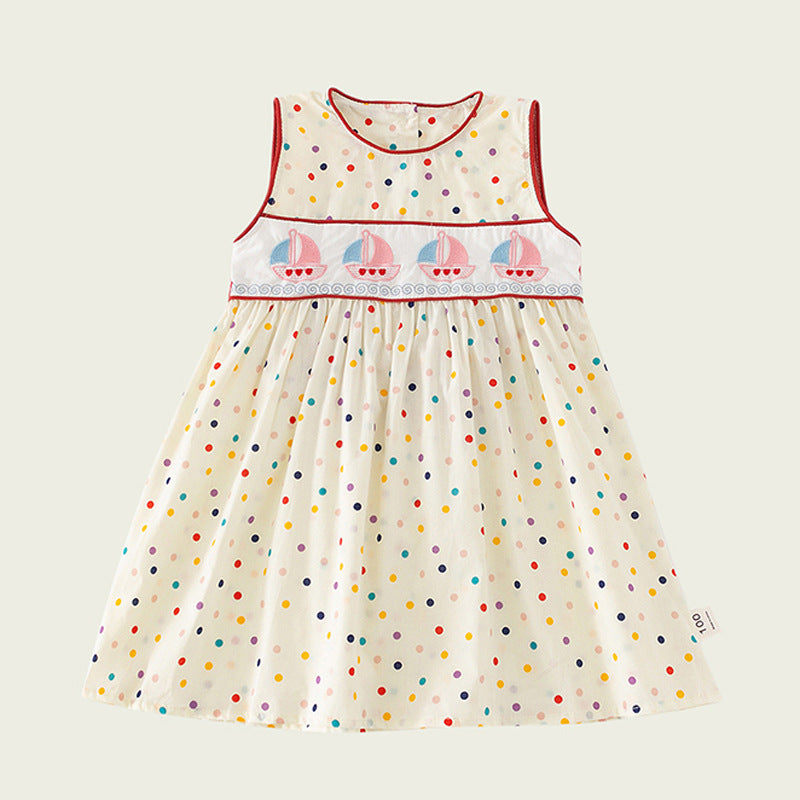 A cute summer outfit for girls featuring colorful dots and sailing boats design in beige color, made from soft cotton fabric.