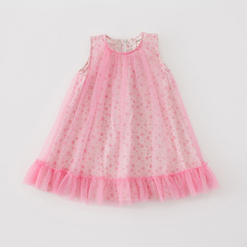 A cute summer dress for girls featuring a floral print, sleeveless design, and lightweight mesh fabric in pink color.