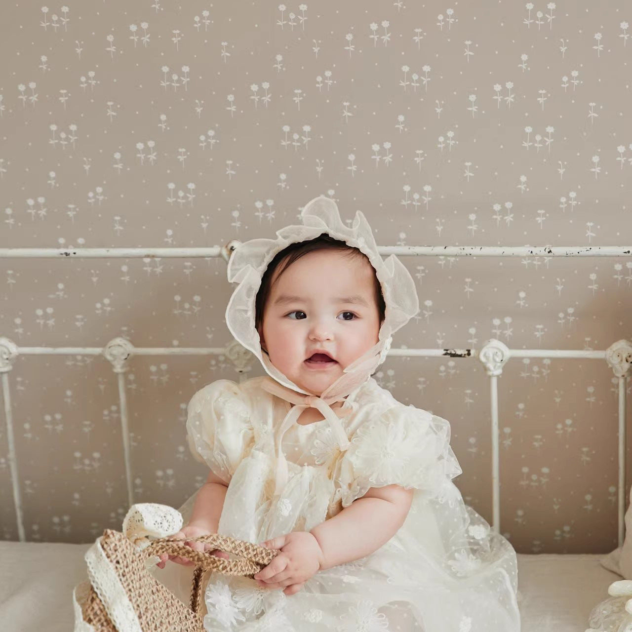 A beautiful beige summer dress for girls featuring floral embroidery and mesh details, perfect for warm weather occasions.