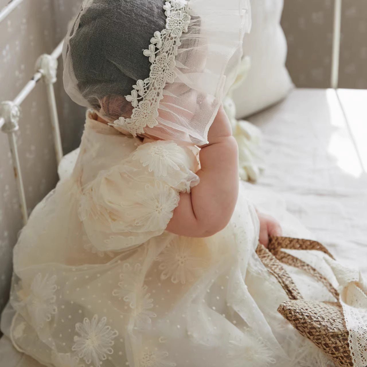 A beautiful beige summer dress for girls featuring floral embroidery and mesh details, perfect for warm weather occasions.