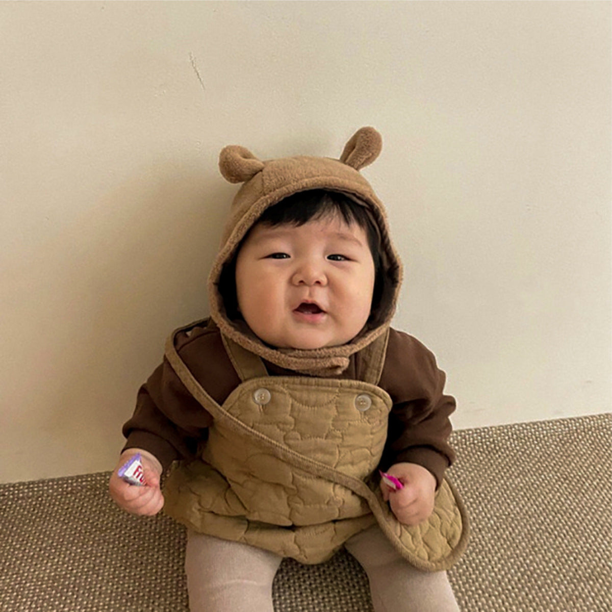 New Winter Infant Baby Solid Thick Warm Vest in beige and coffee colors, designed for infants with a soft cotton material.