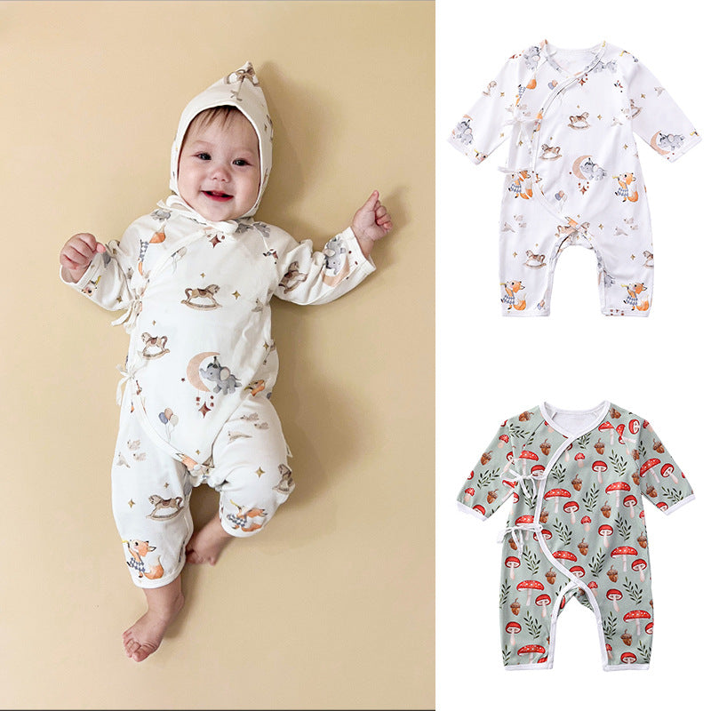 Newborn Autumn Belted Rompers in white and green colors, featuring floral and cartoon patterns, made from soft cotton material.