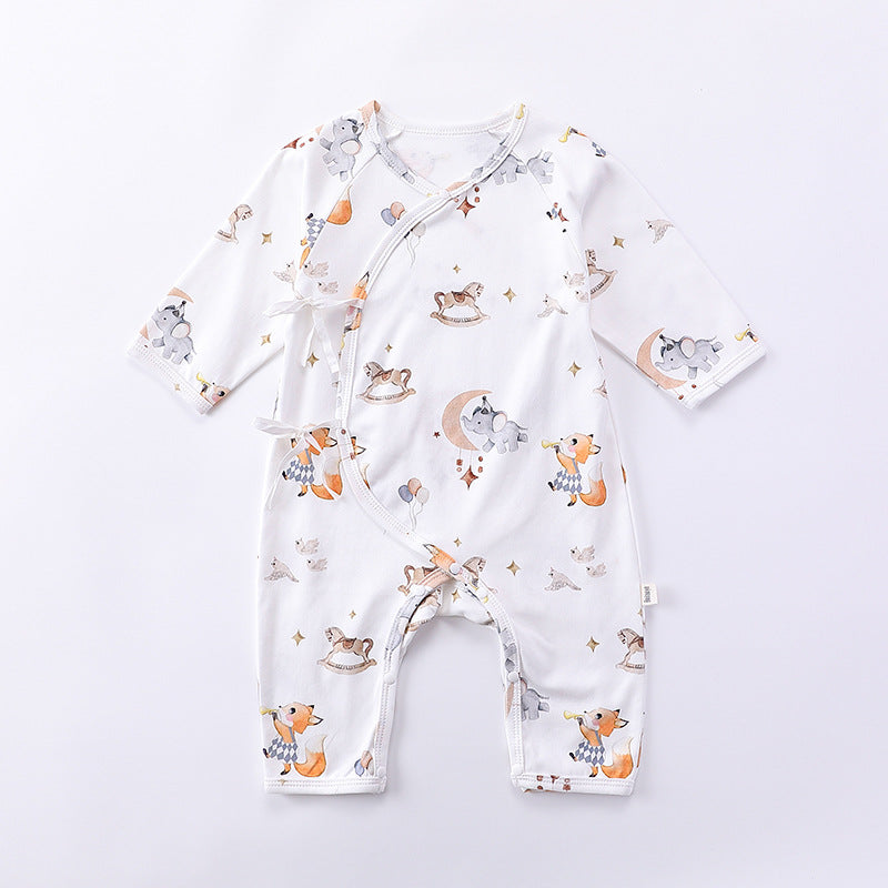 Newborn Autumn Belted Rompers in white and green colors, featuring floral and cartoon patterns, made from soft cotton material.