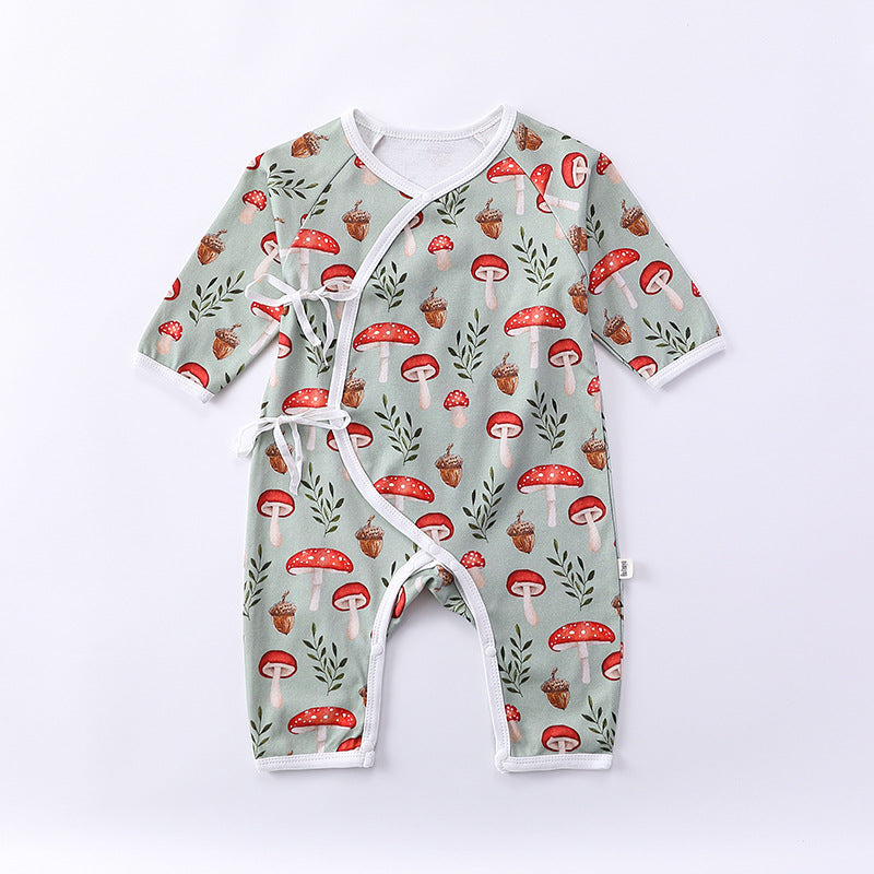 Newborn Autumn Belted Rompers in white and green colors, featuring floral and cartoon patterns, made from soft cotton material.