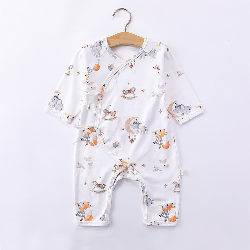 Newborn Autumn Belted Rompers in white and green colors, featuring floral and cartoon patterns, made from soft cotton material.