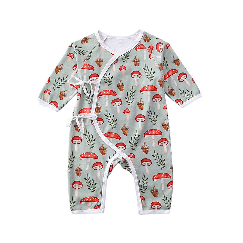 Newborn Autumn Belted Rompers in white and green colors, featuring floral and cartoon patterns, made from soft cotton material.