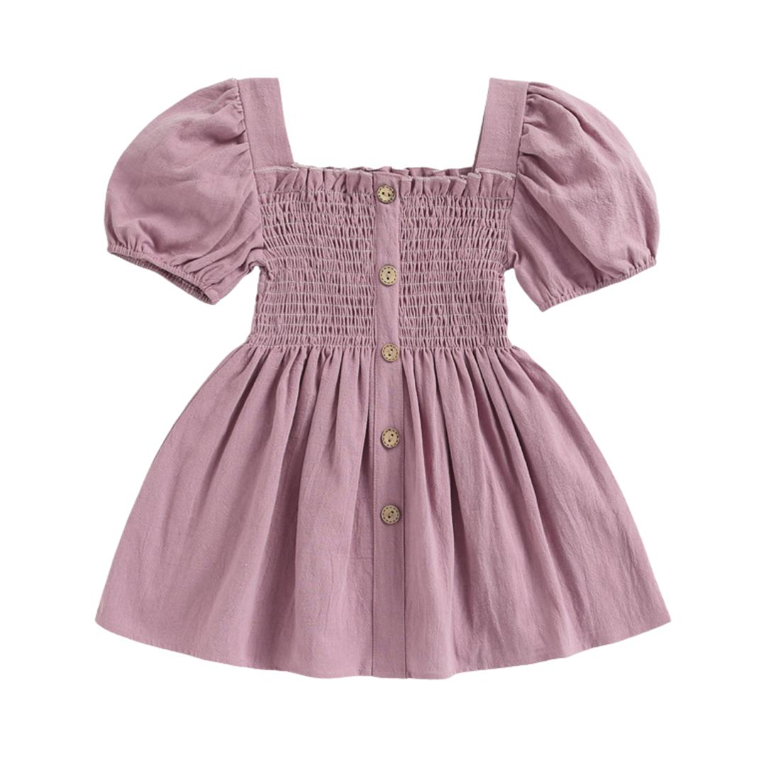 A beautiful lilac smocked dress for baby girls featuring a square collar and puffed sleeves, perfect for special occasions.