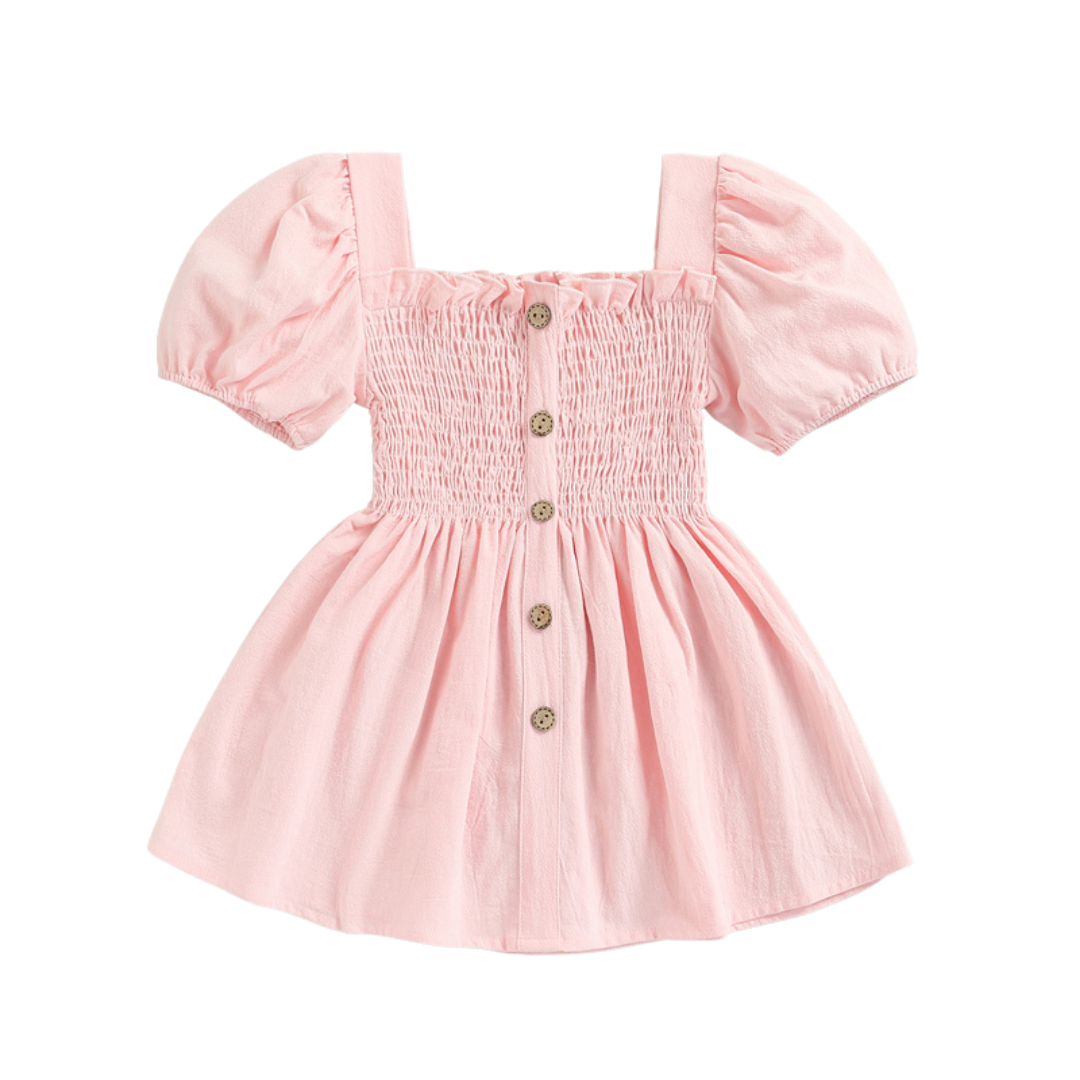 Nora Dress in Pink featuring a smocked design, square collar, and puffed sleeves, perfect for baby girls.