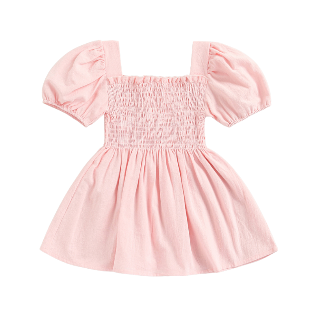 Nora Dress in Pink featuring a smocked design, square collar, and puffed sleeves, perfect for baby girls.