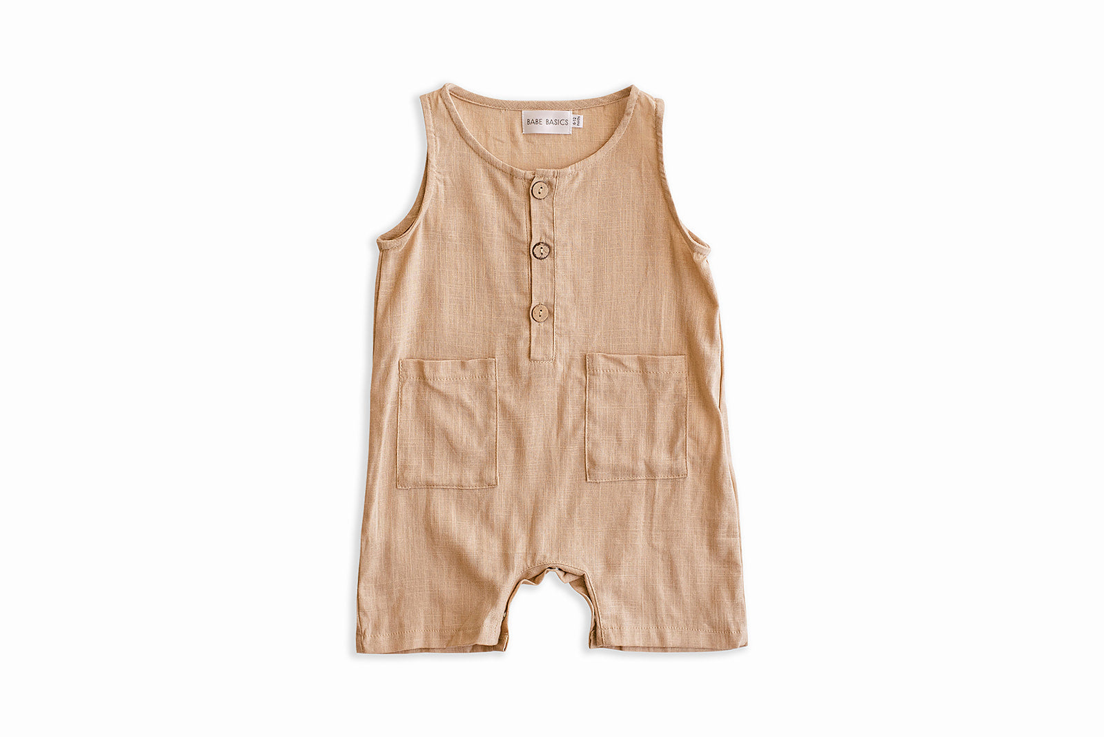 Oatmeal Cropped Linen Baby Romper featuring soft linen fabric and diaper snaps, perfect for stylish summer wear.