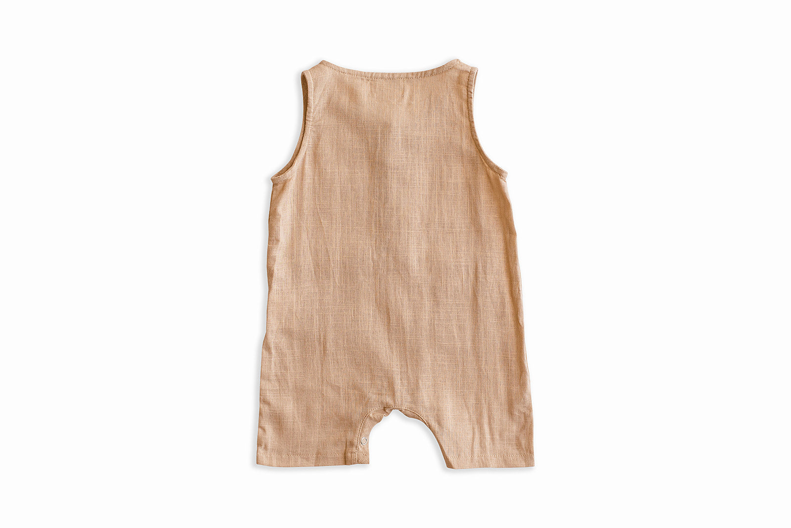 Oatmeal Cropped Linen Baby Romper featuring soft linen fabric and diaper snaps, perfect for stylish summer wear.