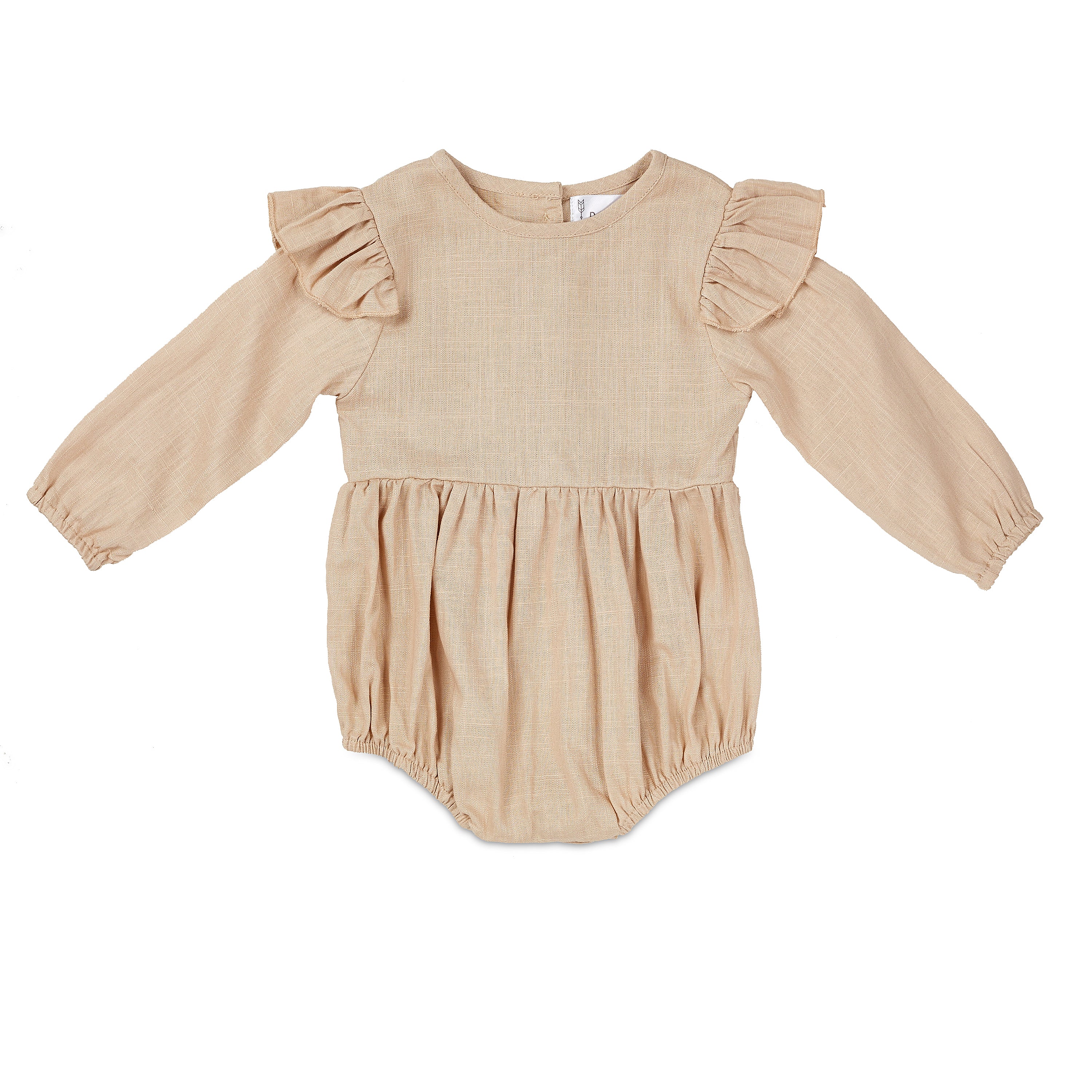 Oatmeal Linen Flutter Sleeve Romper for babies, featuring soft linen fabric and diaper snaps.