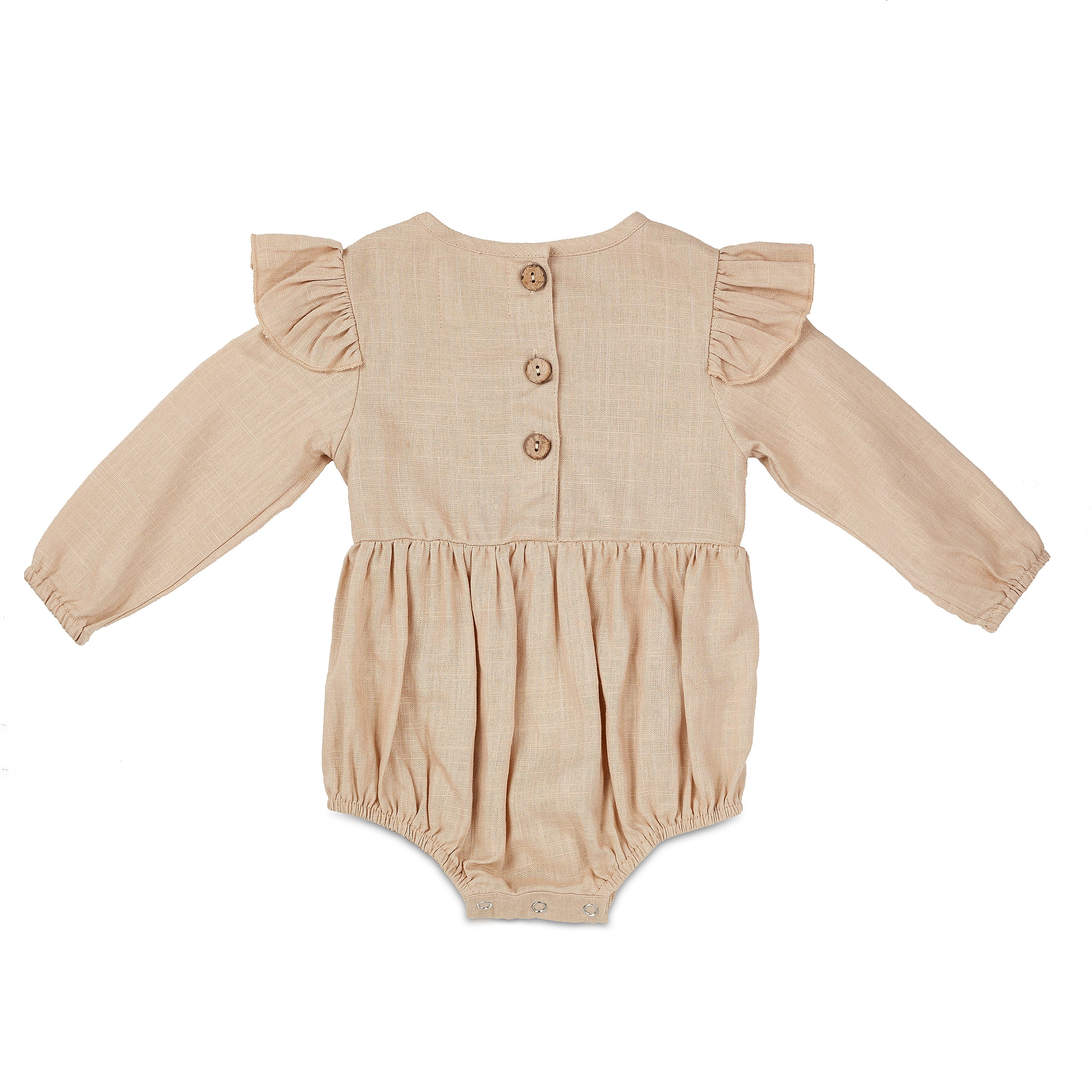 Oatmeal Linen Flutter Sleeve Romper for babies, featuring soft linen fabric and diaper snaps.