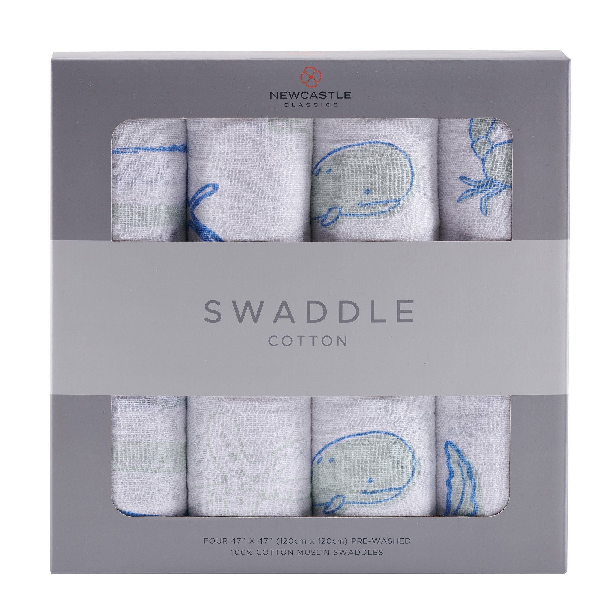 Ocean Friends Cotton Muslin Swaddle 4PK featuring soft, breathable fabric in ocean-themed prints, perfect for versatile baby care.