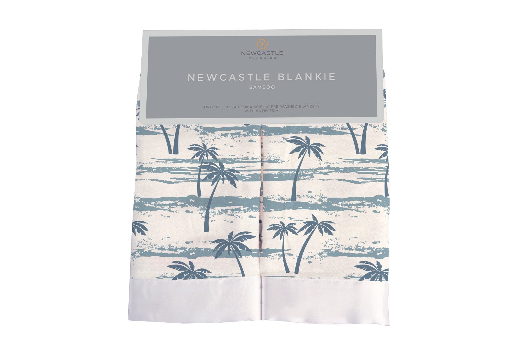 Ocean Palm Trees Bamboo Newcastle Blankie, a soft and cuddly security blanket made from natural bamboo muslin, featuring a palm tree design.