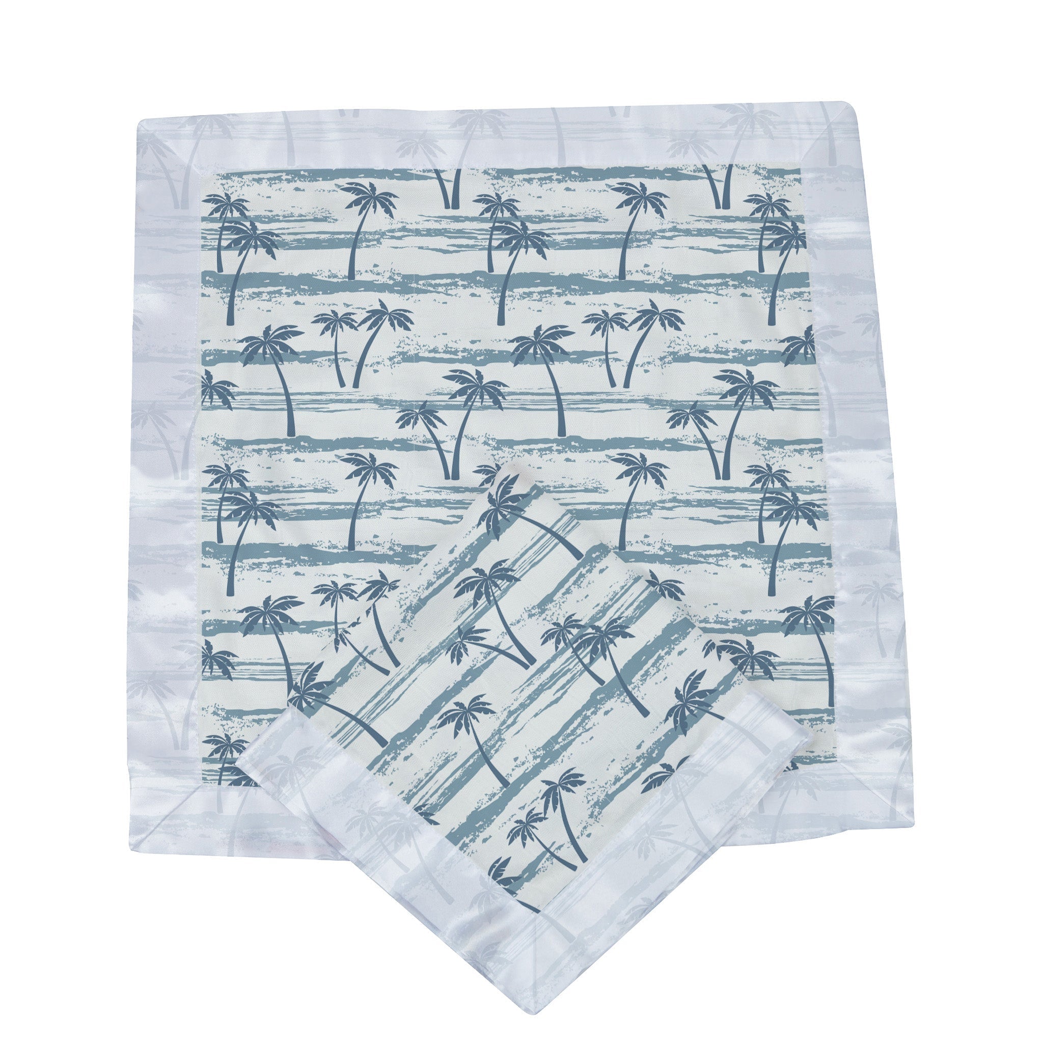 Ocean Palm Trees Bamboo Newcastle Blankie, a soft and cuddly security blanket made from natural bamboo muslin, featuring a palm tree design.