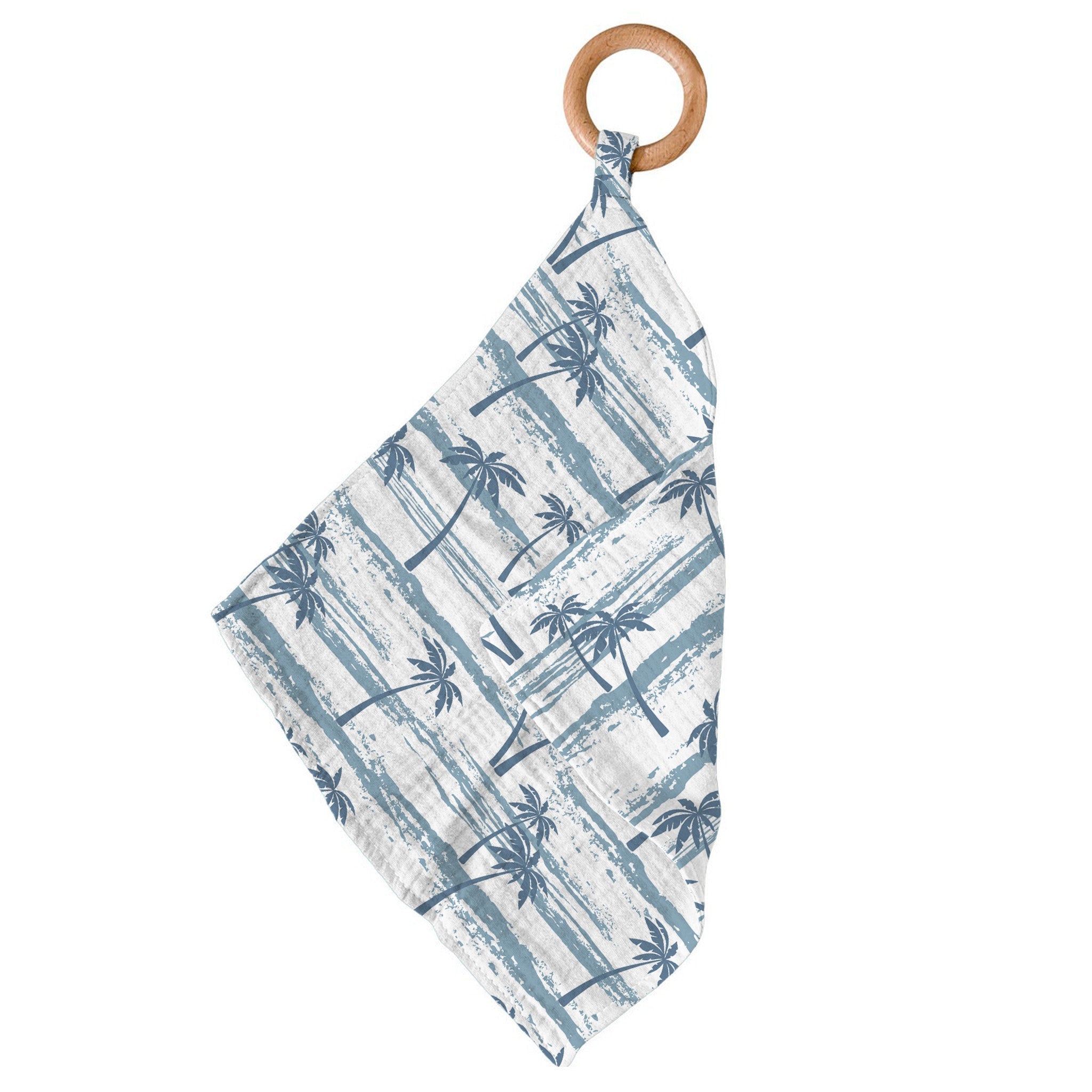 Ocean Palm Trees Bamboo Newcastle Teether featuring a soft bamboo mini blankie and a removable beach wood ring.