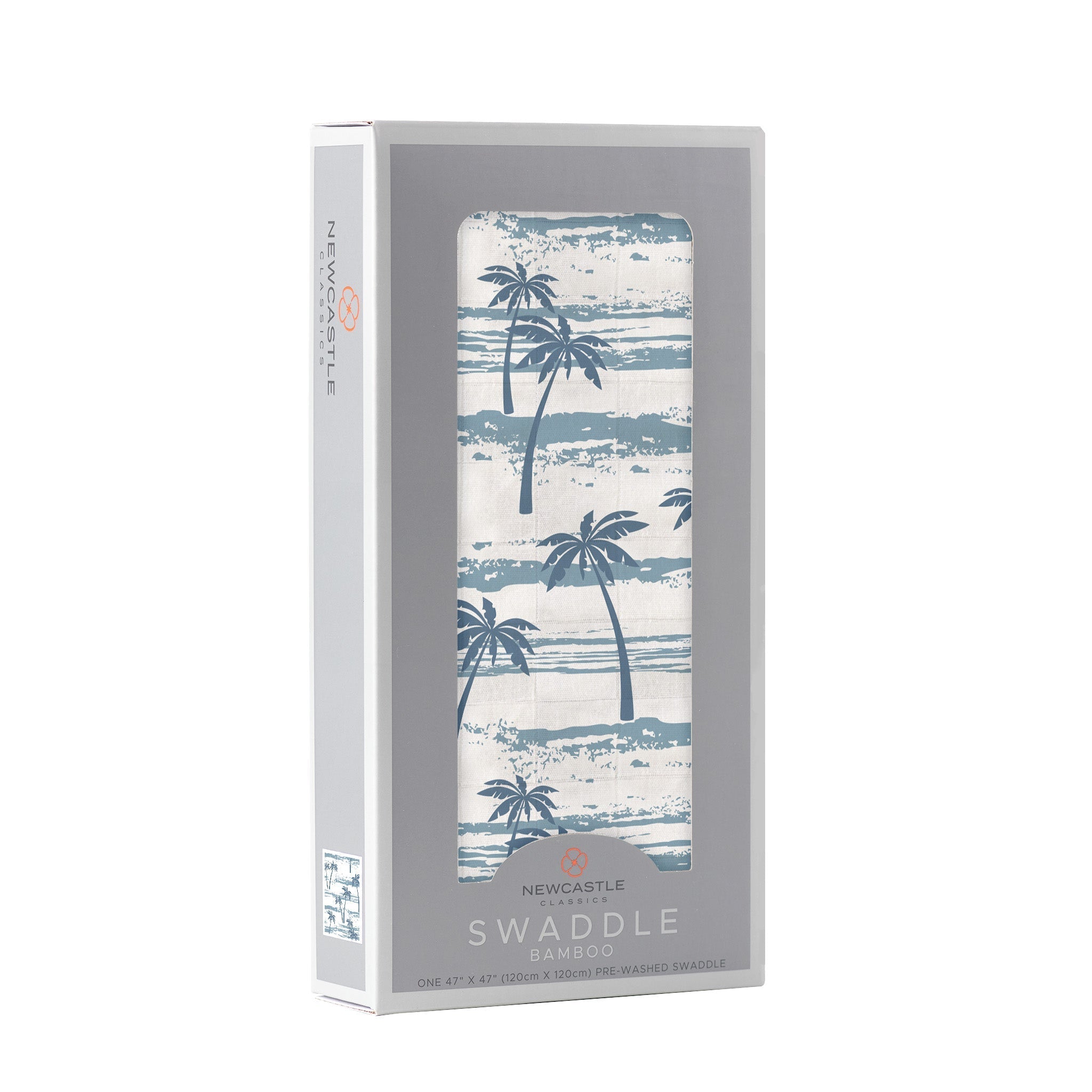 Ocean Palm Trees Bamboo Swaddle featuring a tropical palm tree design, made from soft and breathable natural bamboo muslin fabric.