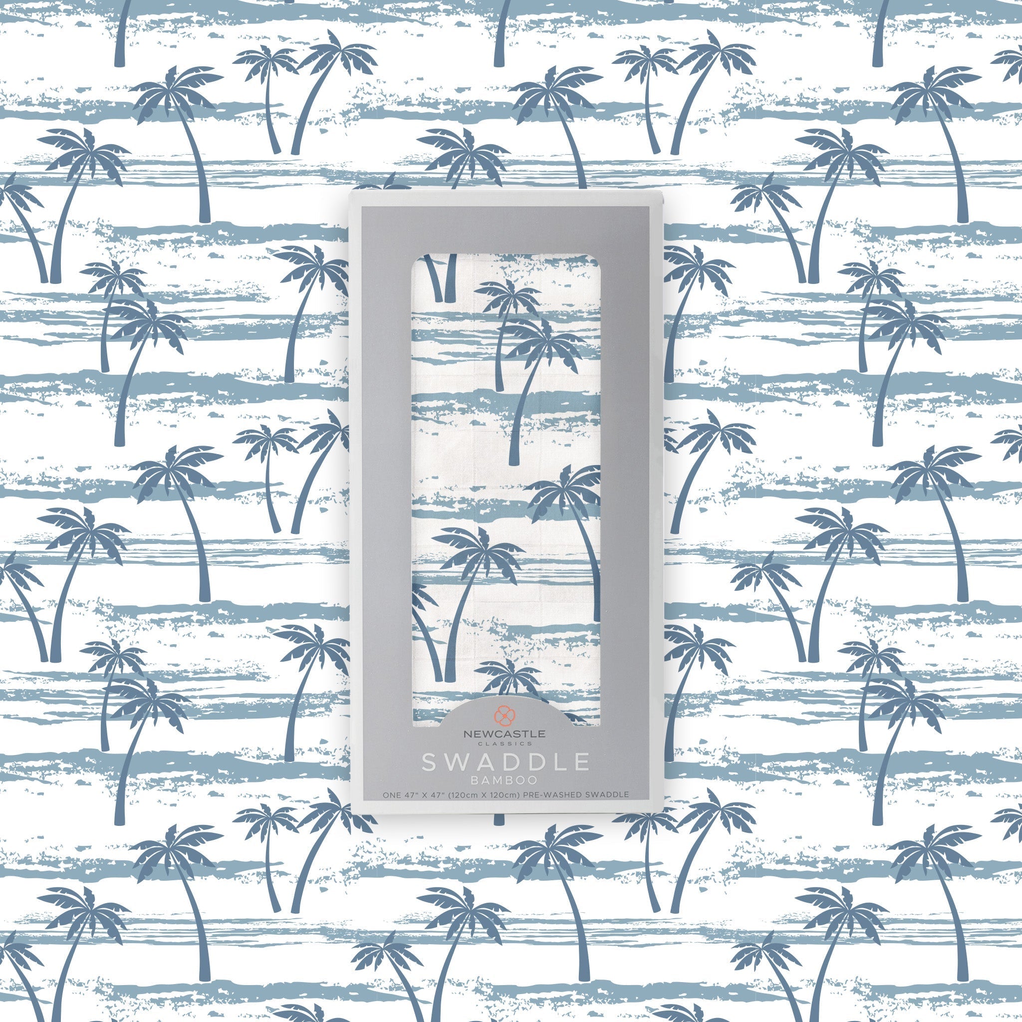 Ocean Palm Trees Bamboo Swaddle featuring a tropical palm tree design, made from soft and breathable natural bamboo muslin fabric.