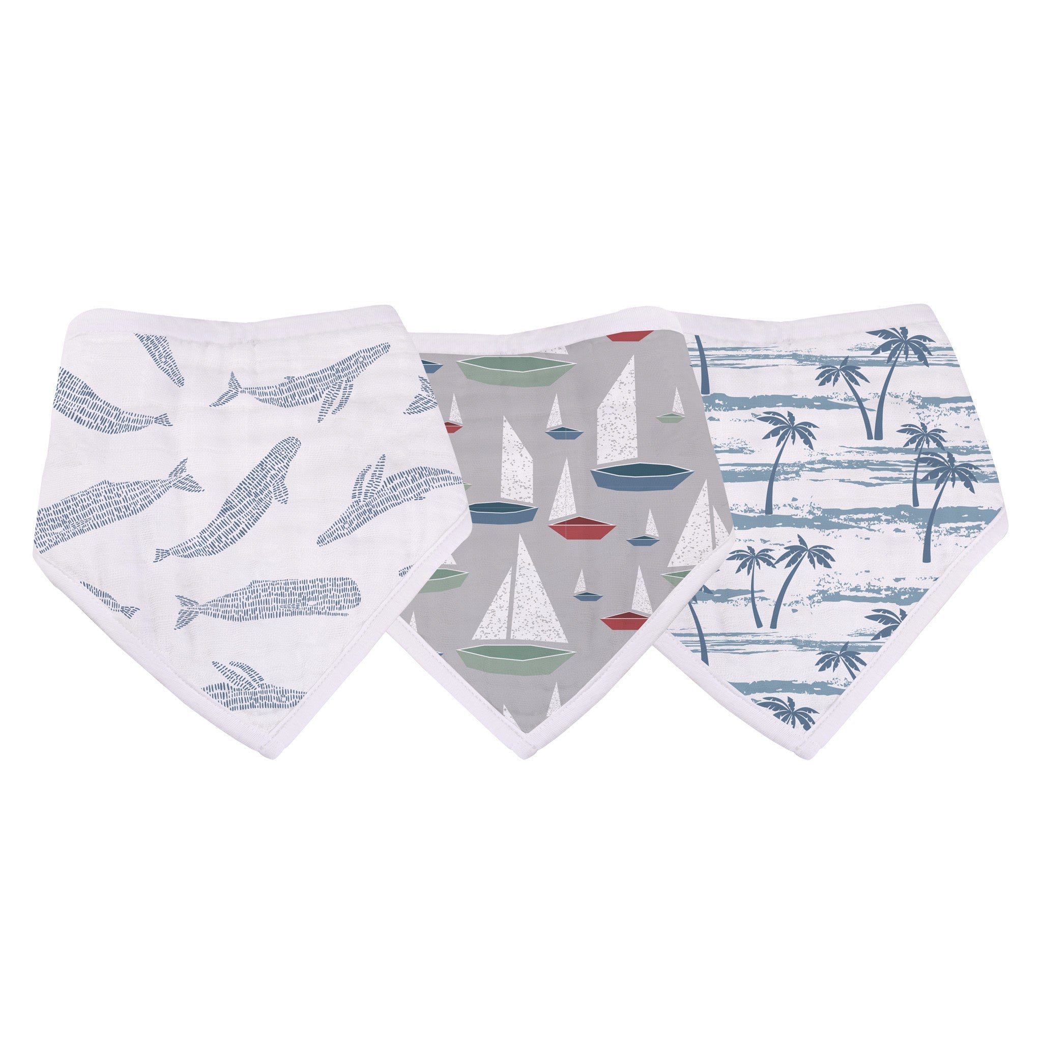 Ocean Tides Bamboo Bandana Bibs 3PK featuring soft bamboo muslin fabric, stylish bandana design, and snap closures for a perfect fit.