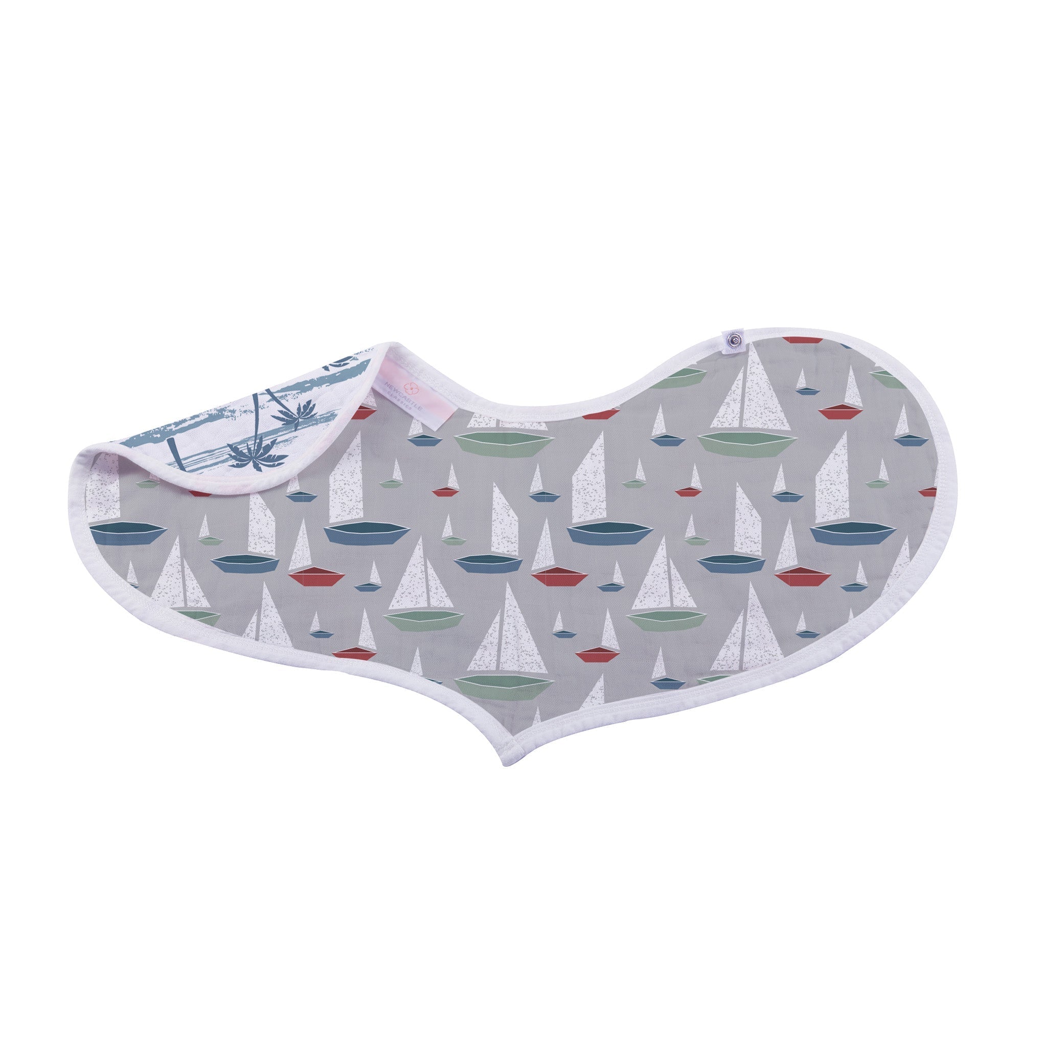 Ocean Tides Bamboo Burp Cloth and Heart Bib 2PK featuring soft bamboo muslin fabric with snap closure, ideal for feeding and teething.