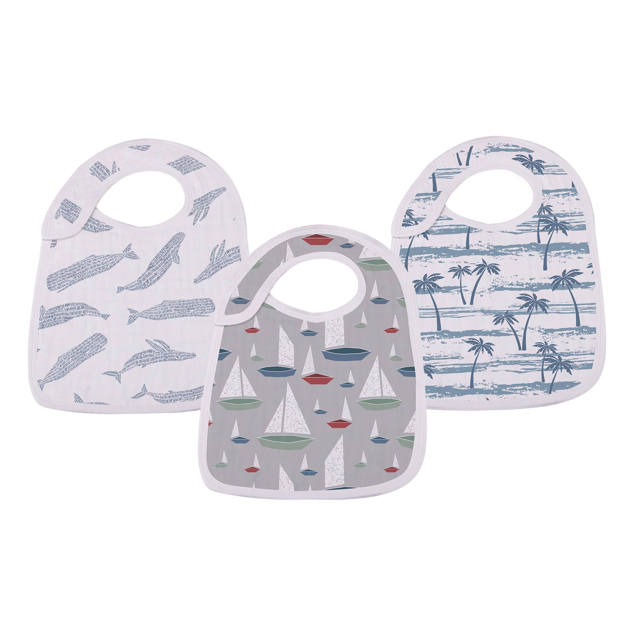 Ocean Tides Bamboo Snap Bibs in soft natural bamboo muslin, featuring three adjustable snaps for a perfect fit, ideal for feeding and teething.