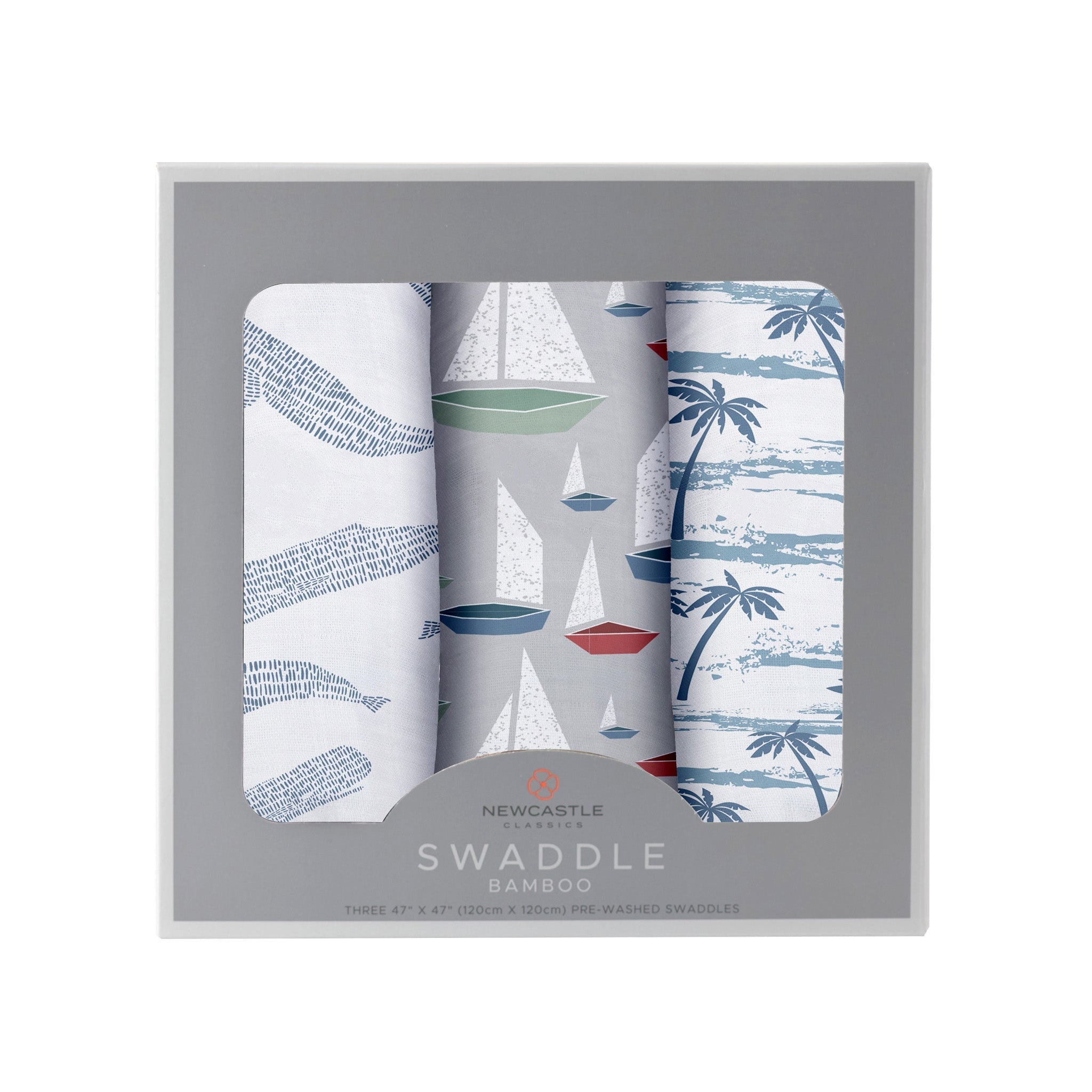 Ocean Tides Bamboo Swaddle 3 Pack featuring soft, breathable muslin swaddles in stylish designs, perfect for versatile baby care.