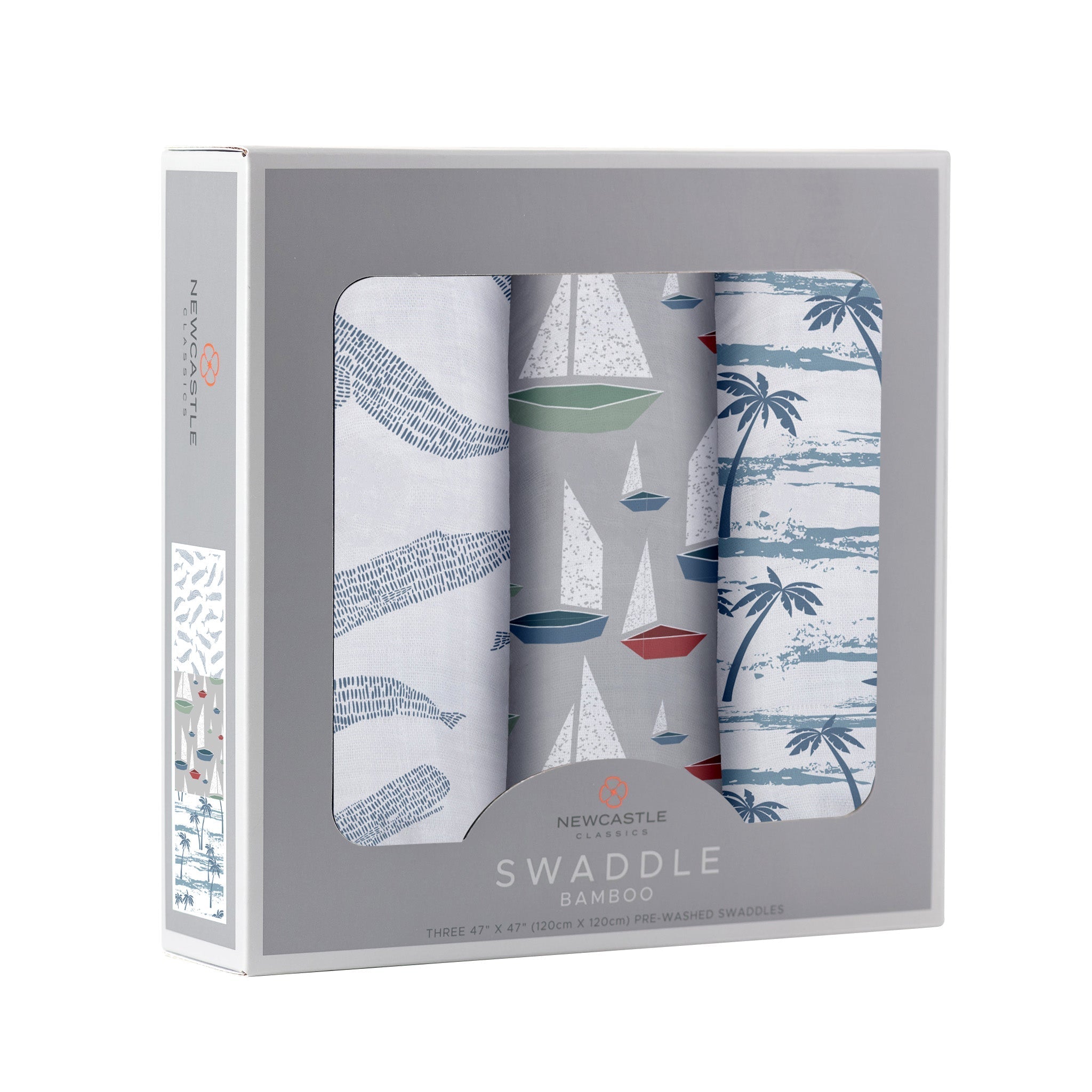 Ocean Tides Bamboo Swaddle 3 Pack featuring soft, breathable muslin swaddles in stylish designs, perfect for versatile baby care.