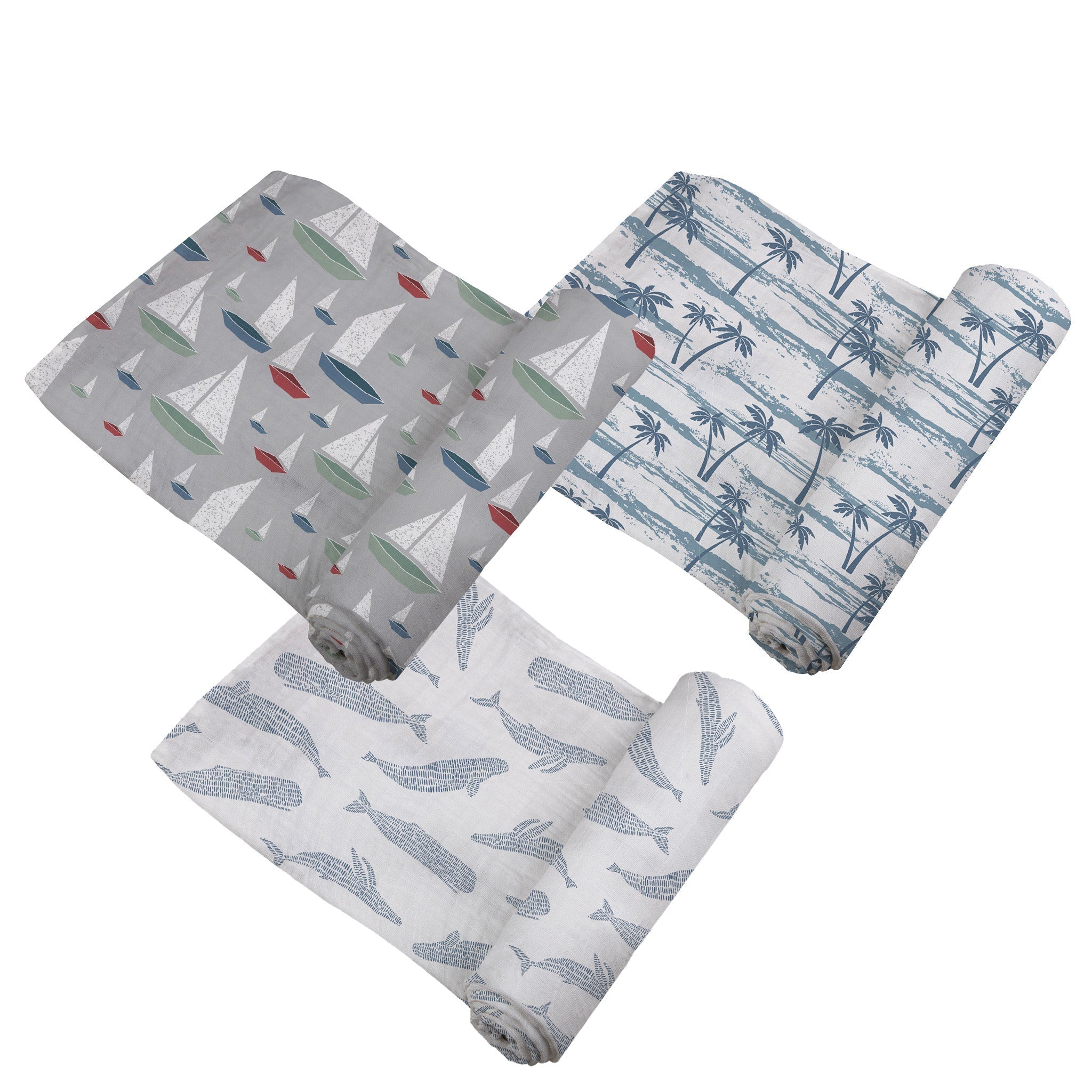 Ocean Tides Bamboo Swaddle 3 Pack featuring soft, breathable muslin swaddles in stylish designs, perfect for versatile baby care.