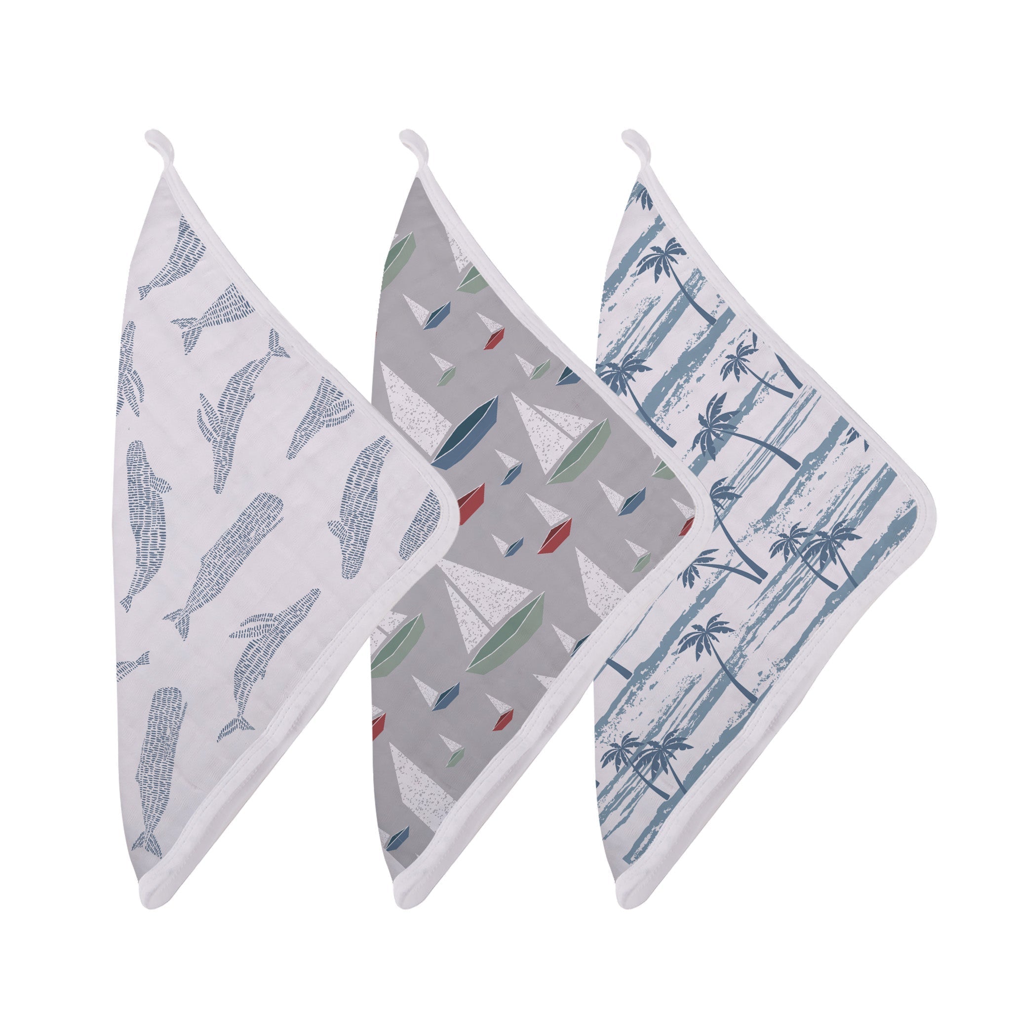 Ocean Tides Bamboo Washcloth Set of 3 featuring colorful prints and an attached loop for drying, made from 100% natural bamboo muslin.