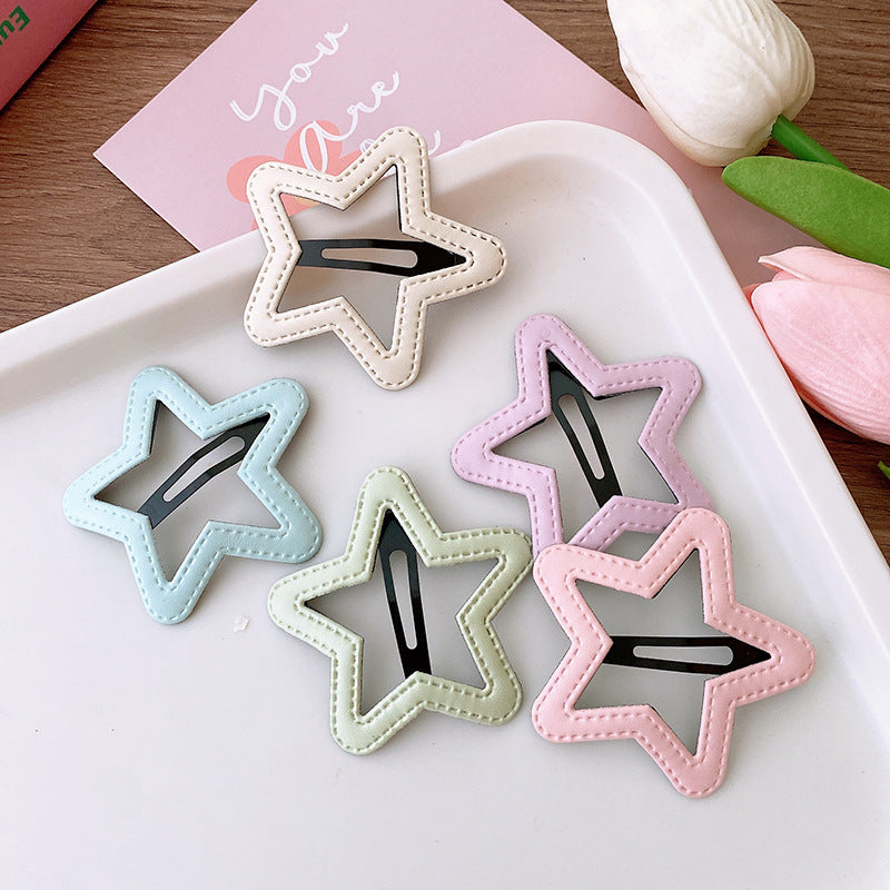 Five candy-colored hollow out star and cloud shaped hair clips for girls, featuring pink and light pink colors.