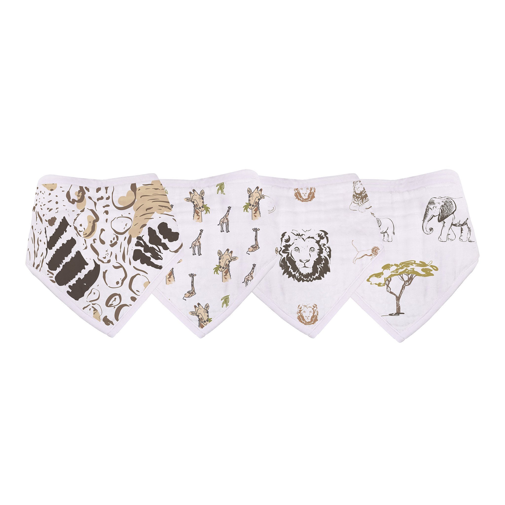 Set of four On The Savannah Bamboo Bandana Bibs in stylish designs, made from soft and absorbent bamboo fabric, featuring snap closures.