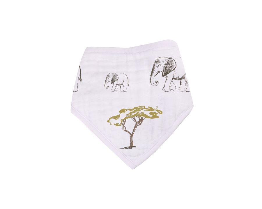 Set of four On The Savannah Bamboo Bandana Bibs in stylish designs, made from soft and absorbent bamboo fabric, featuring snap closures.