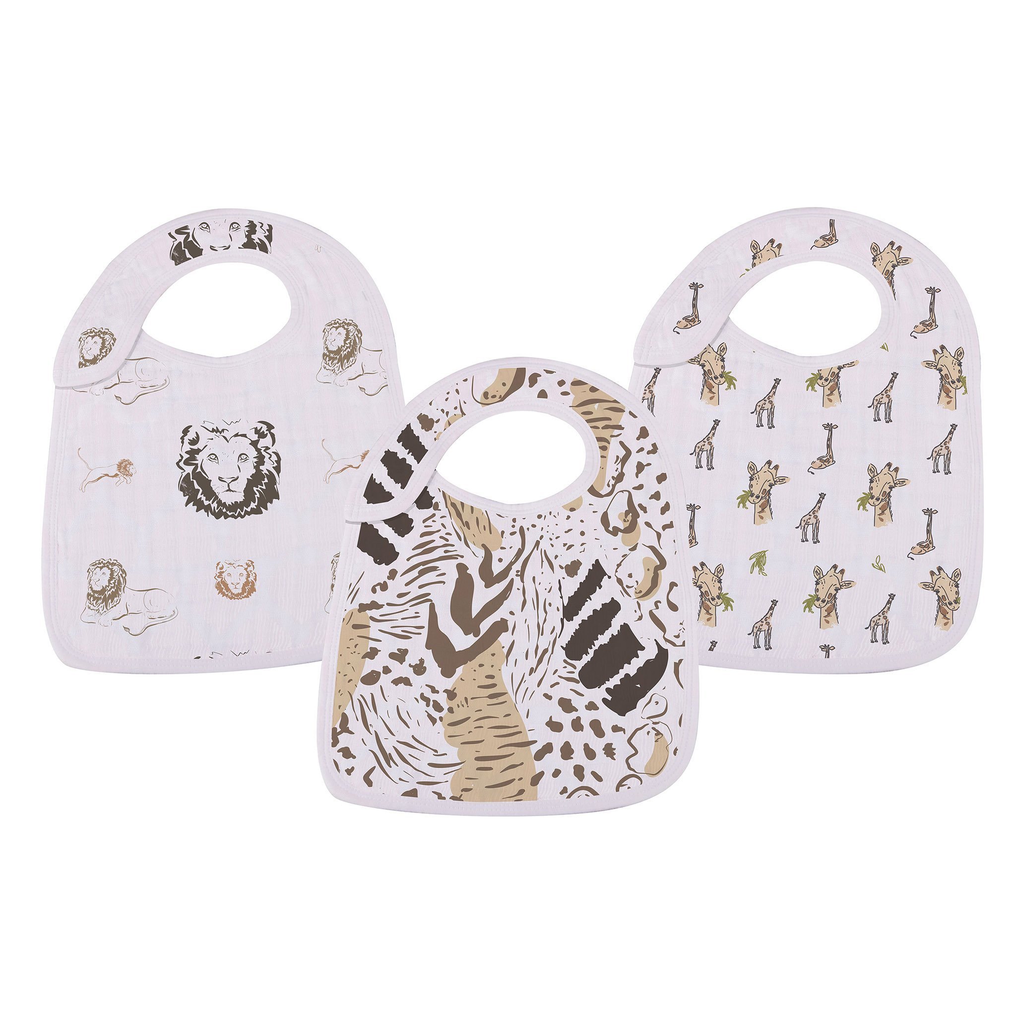 On The Savannah Bamboo Muslin Snap Bibs 3PK featuring soft, absorbent bamboo fabric with three snap closures for a perfect fit.