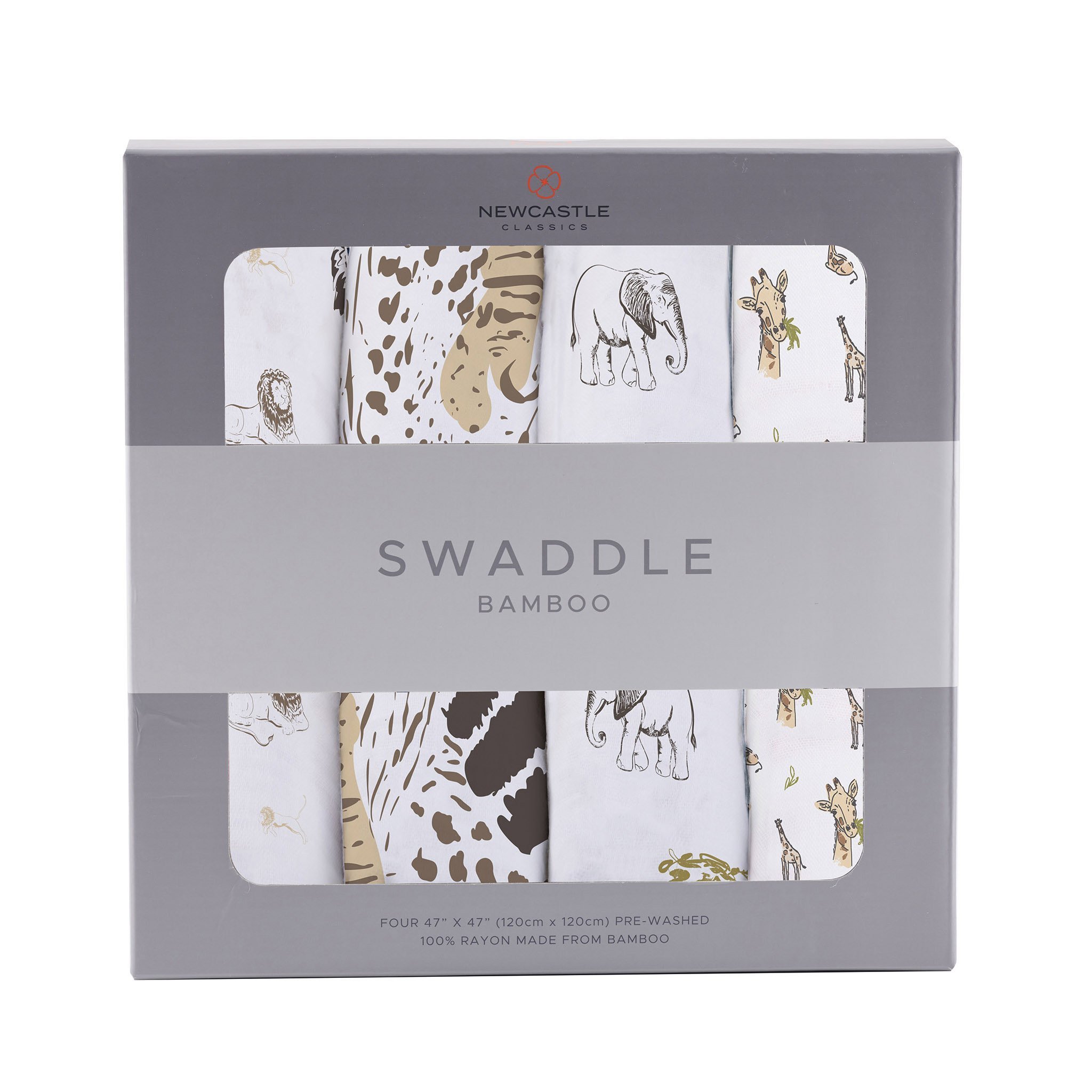 On The Savannah Bamboo Muslin Swaddle 4PK featuring soft, breathable bamboo fabric in a stylish design, perfect for versatile baby care.