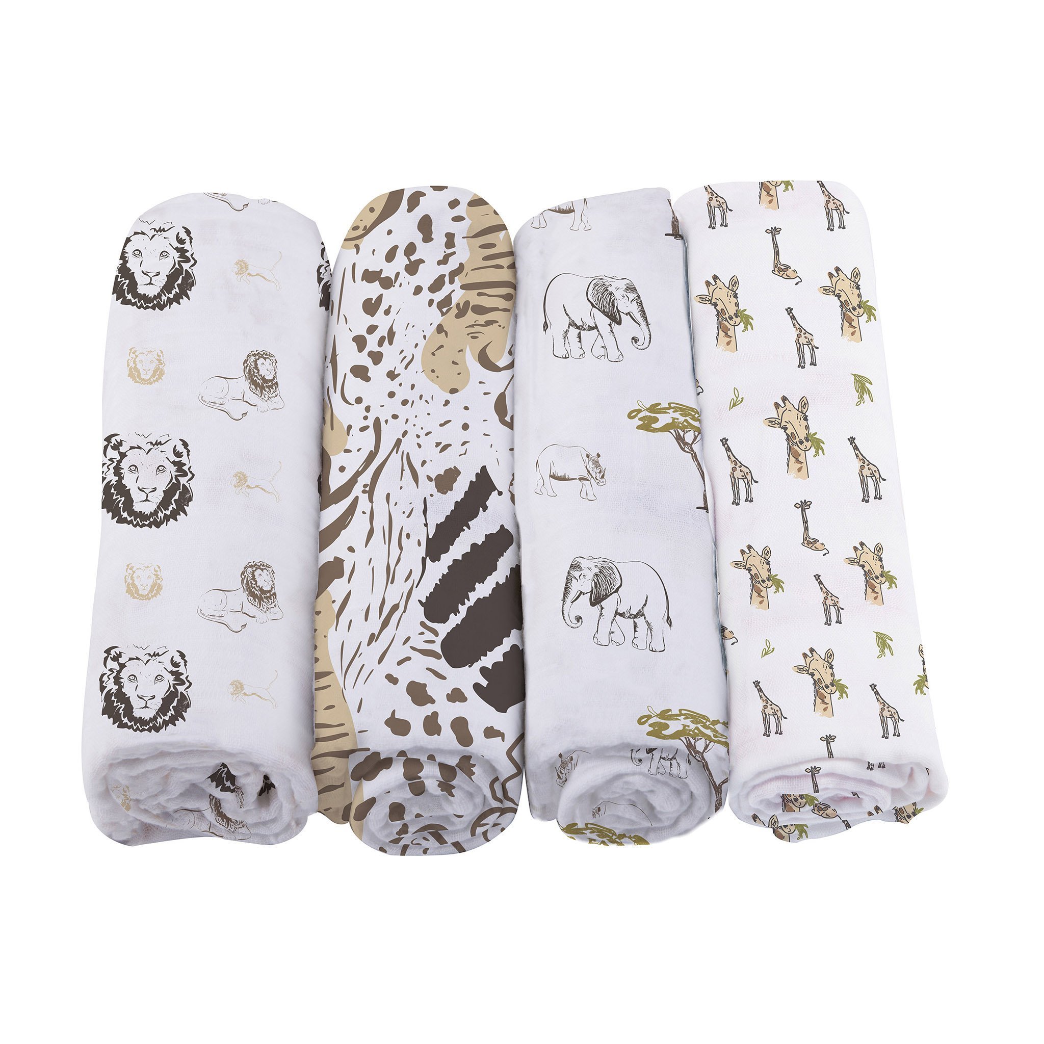 On The Savannah Bamboo Muslin Swaddle 4PK featuring soft, breathable bamboo fabric in a stylish design, perfect for versatile baby care.