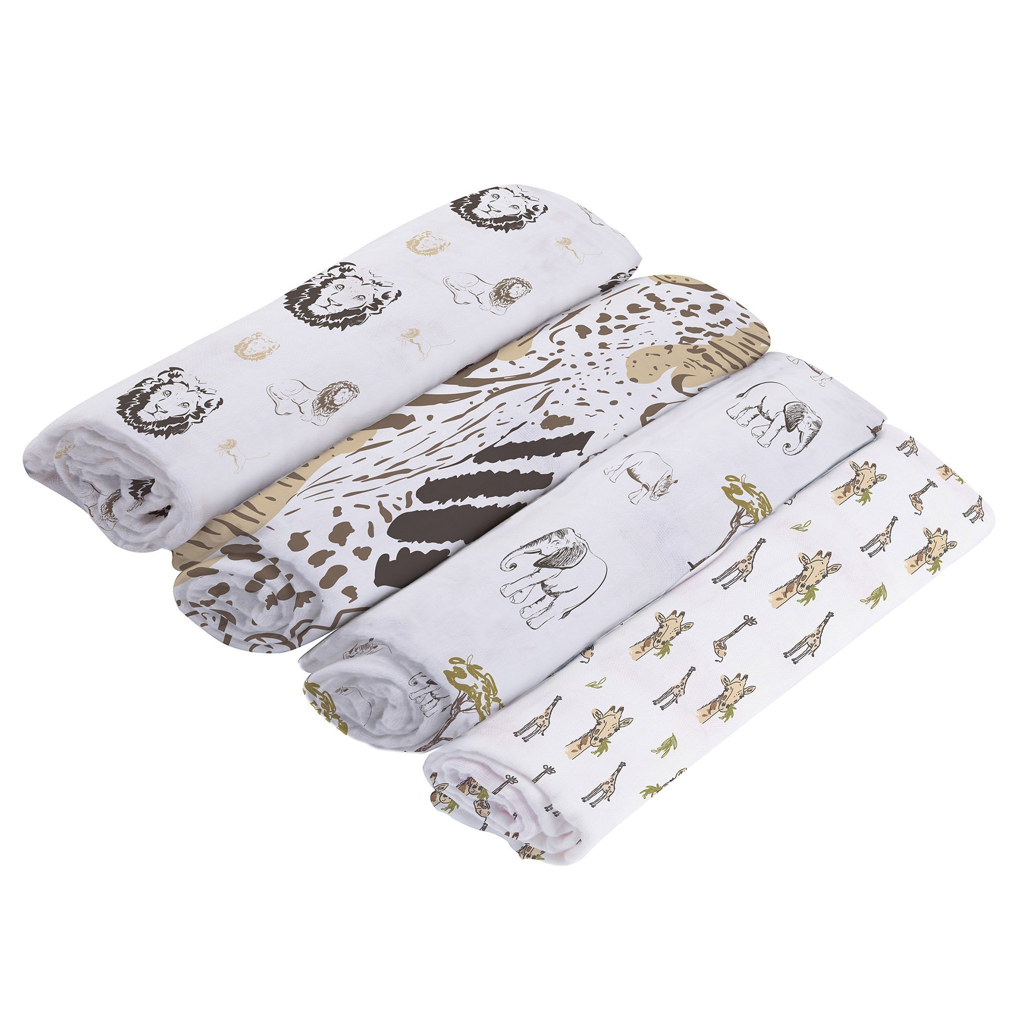 On The Savannah Bamboo Muslin Swaddle 4PK featuring soft, breathable bamboo fabric in a stylish design, perfect for versatile baby care.