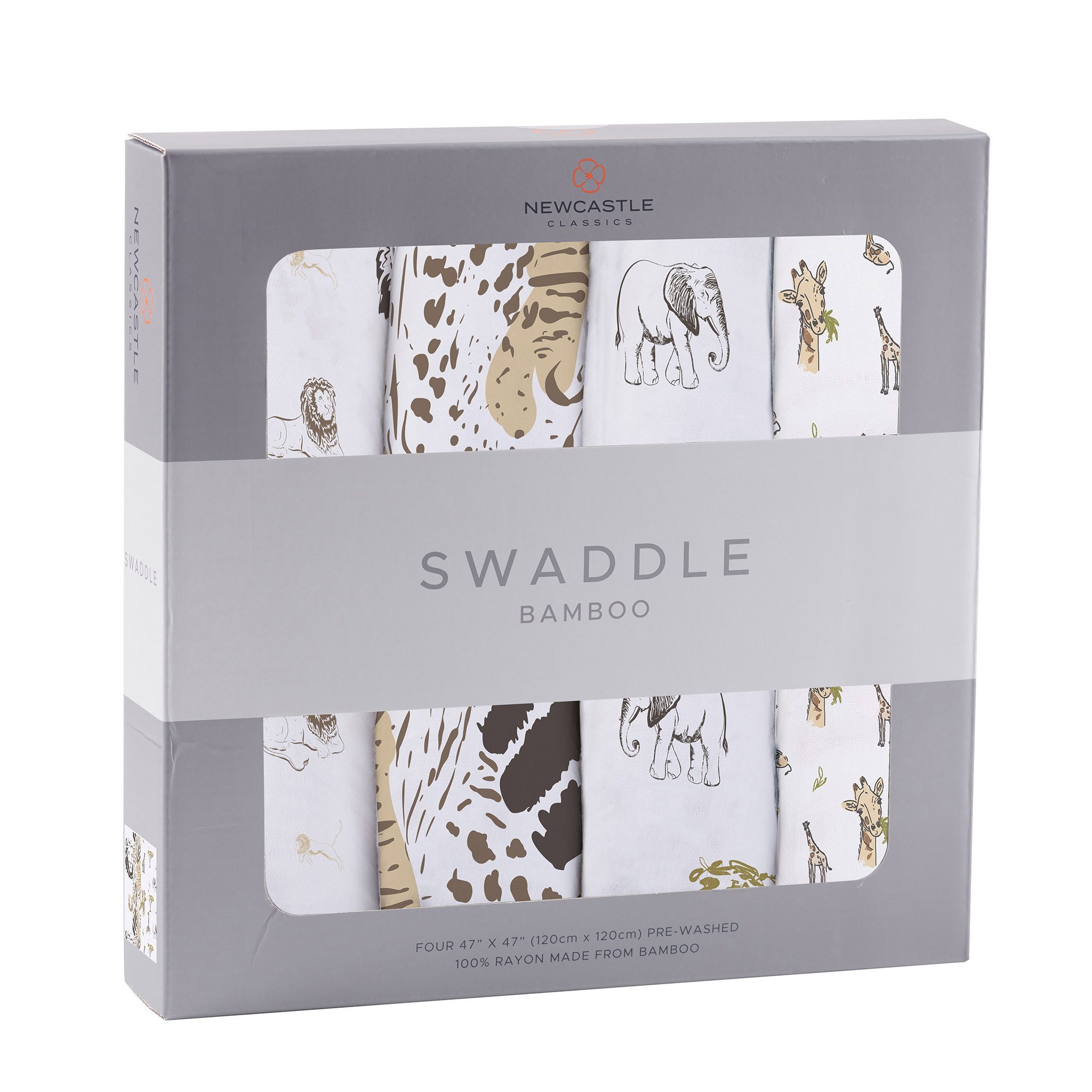 On The Savannah Bamboo Muslin Swaddle 4PK featuring soft, breathable bamboo fabric in a stylish design, perfect for versatile baby care.