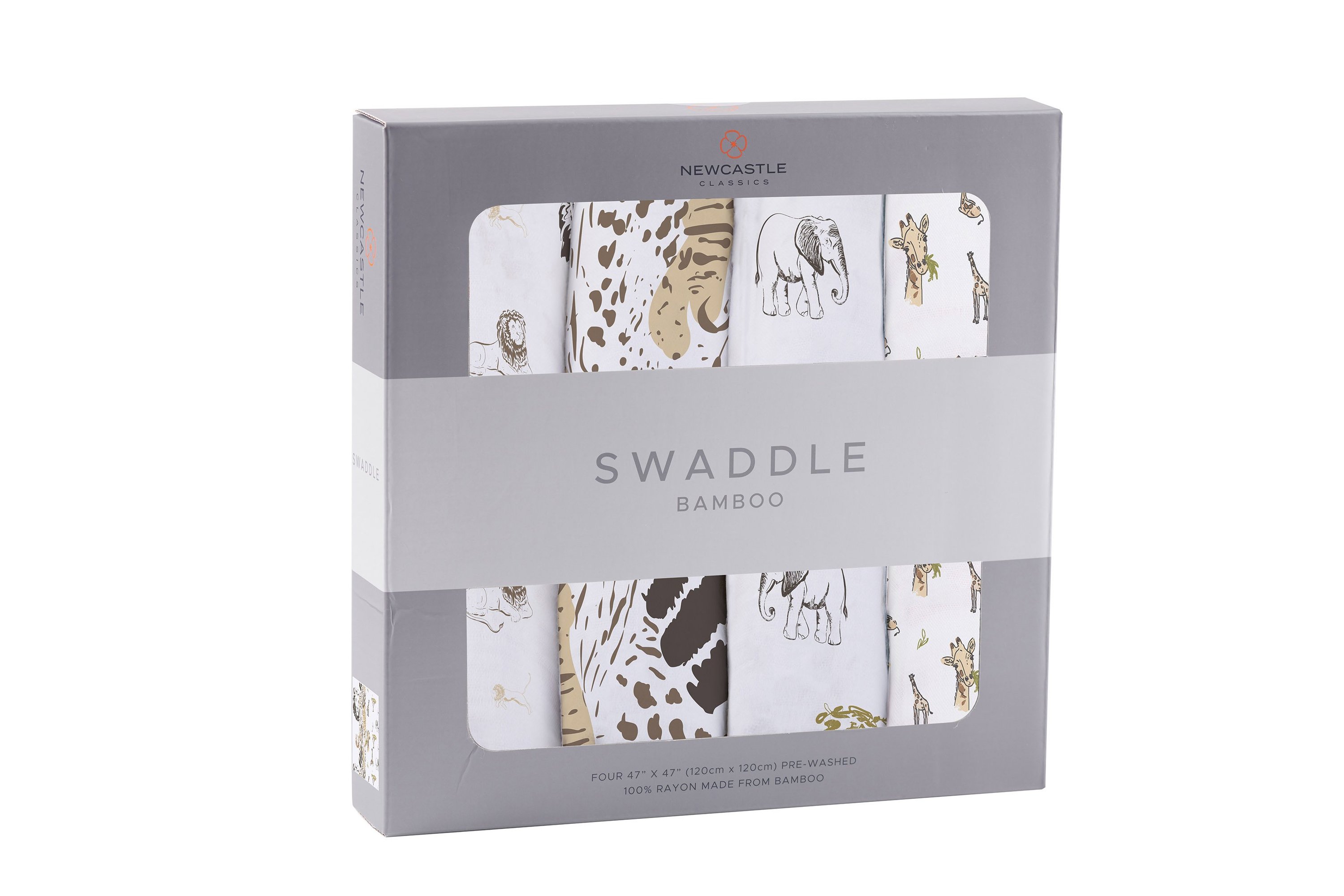 On The Savannah Bamboo Muslin Swaddle 4PK featuring soft, breathable bamboo fabric in a stylish design, perfect for versatile baby care.