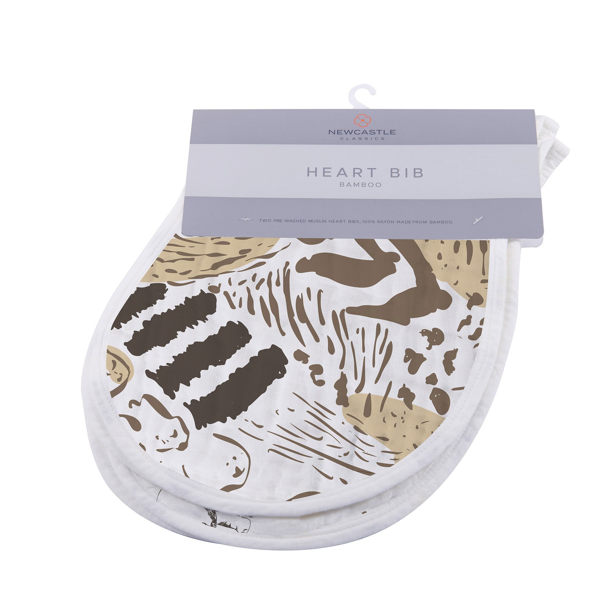 On The Savannah Heart Bib 2PK featuring soft bamboo muslin fabric with a stylish heart pattern and snap closure.