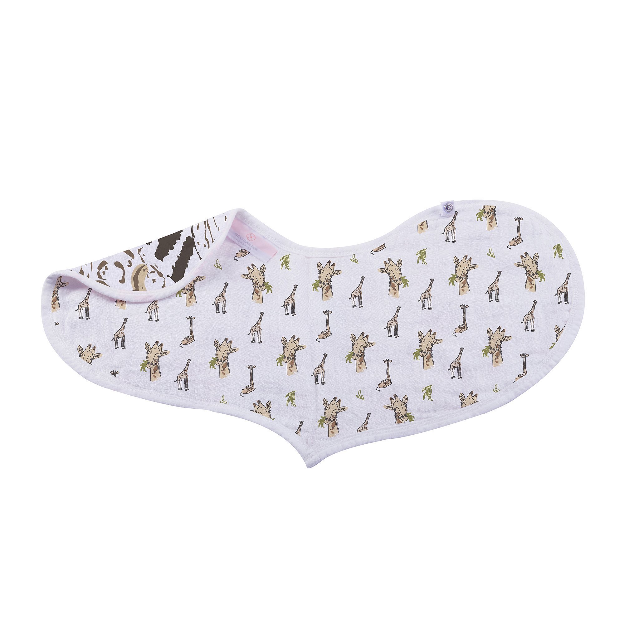 On The Savannah Heart Bib 2PK featuring soft bamboo muslin fabric with a stylish heart pattern and snap closure.