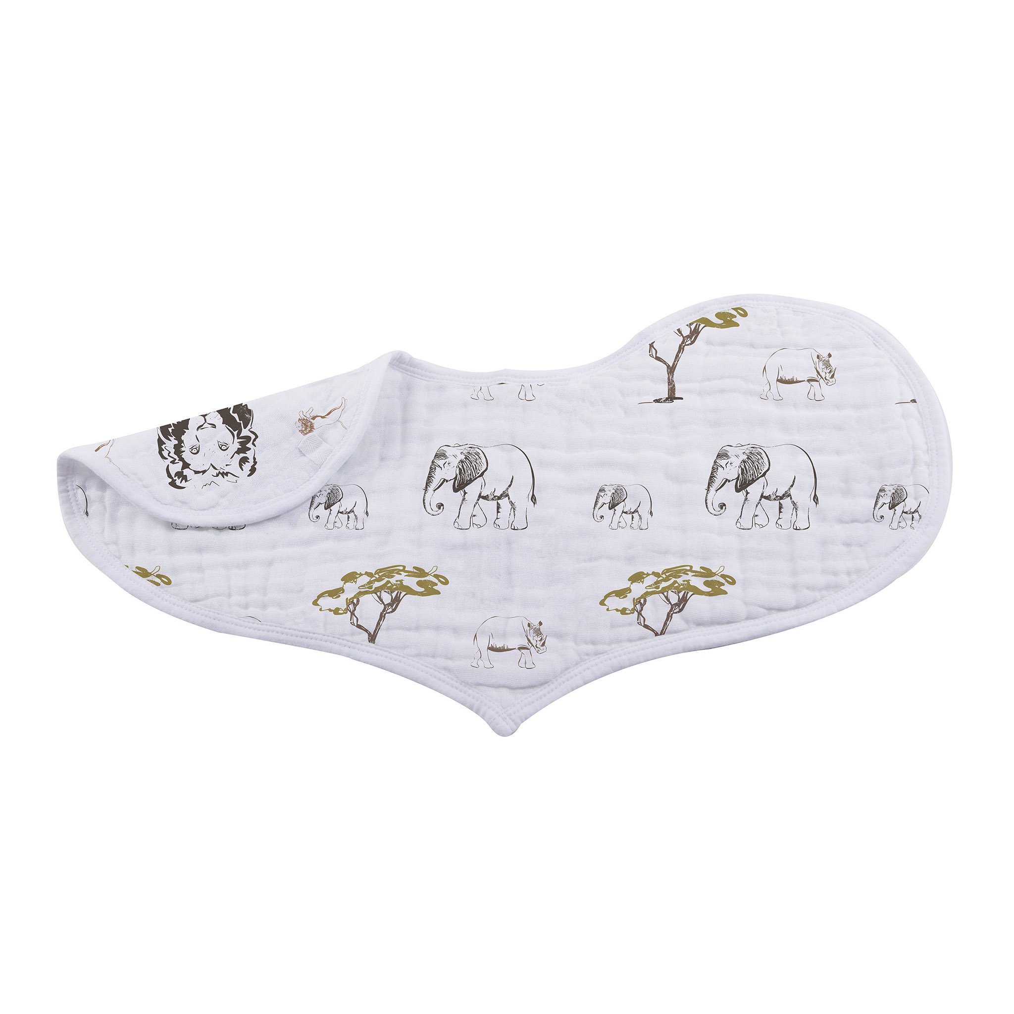 On The Savannah Heart Bib 2PK featuring soft bamboo muslin fabric with a stylish heart pattern and snap closure.