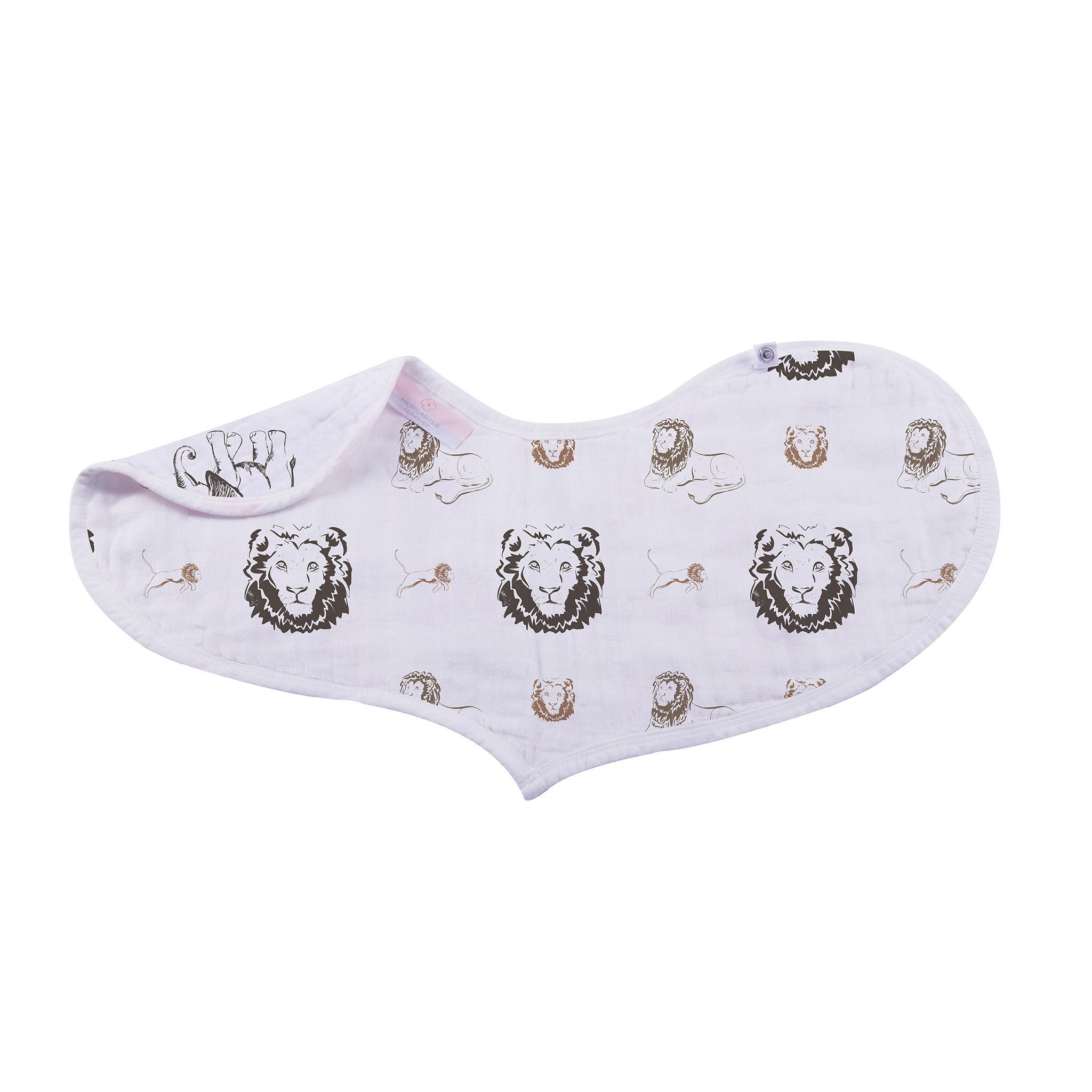 On The Savannah Heart Bib 2PK featuring soft bamboo muslin fabric with a stylish heart pattern and snap closure.