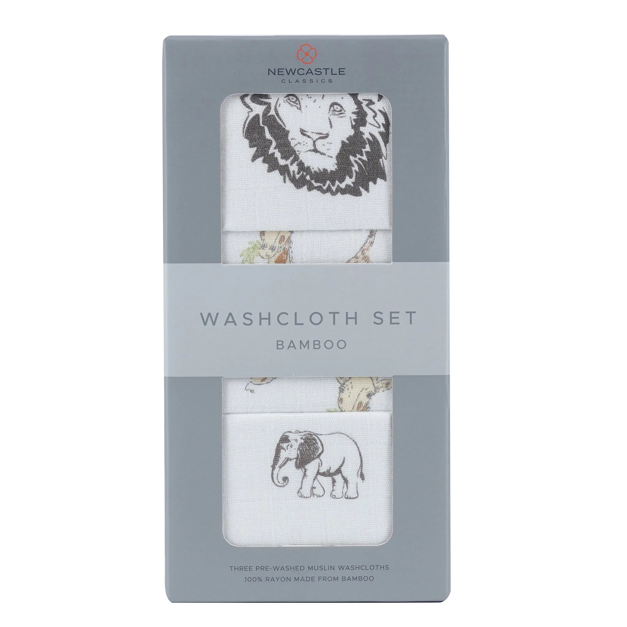 On The Savannah Washcloth Set 3pk featuring colorful prints and an attached loop for drying, made from 100% natural bamboo muslin.