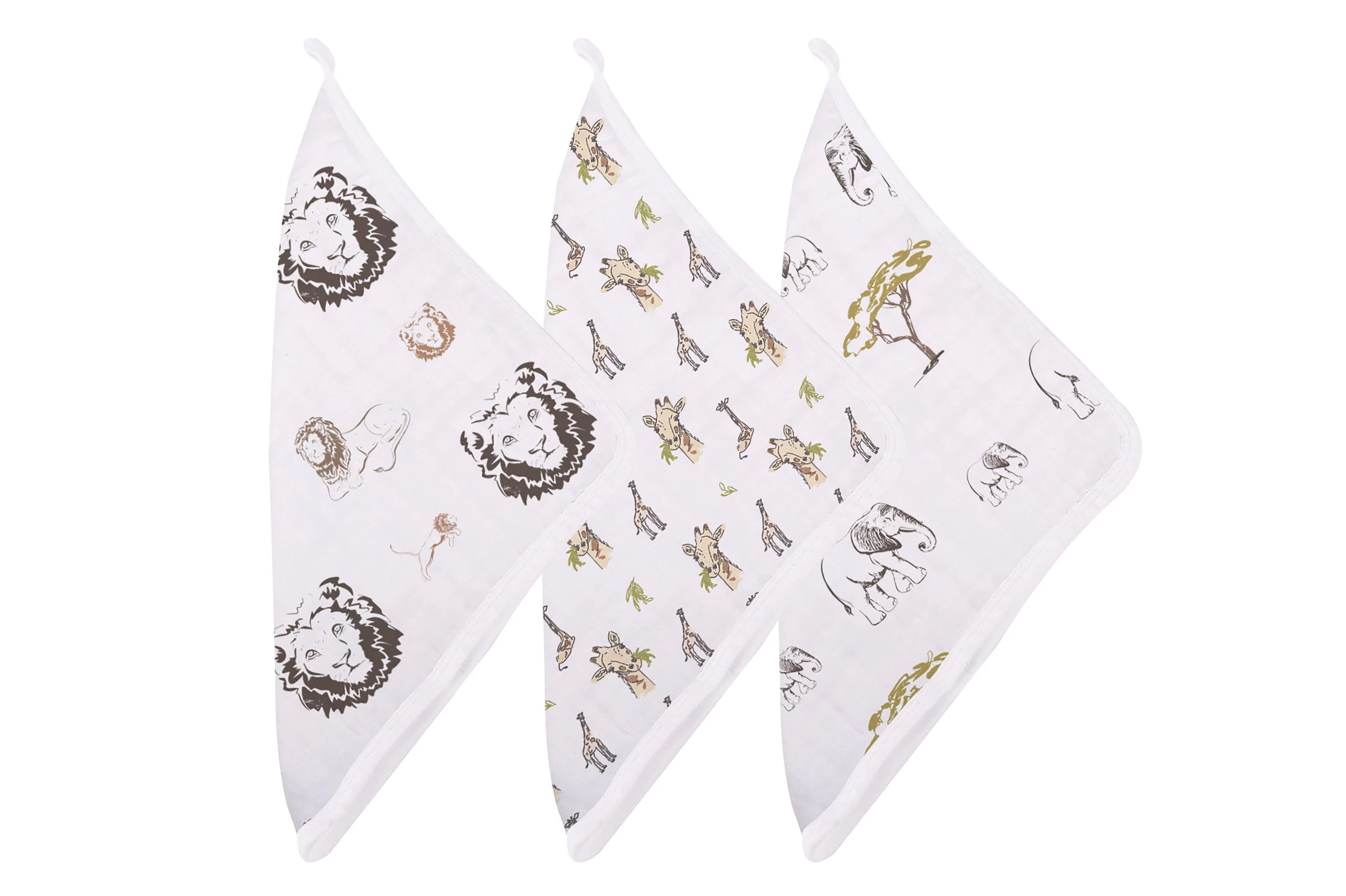 On The Savannah Washcloth Set 3pk featuring colorful prints and an attached loop for drying, made from 100% natural bamboo muslin.